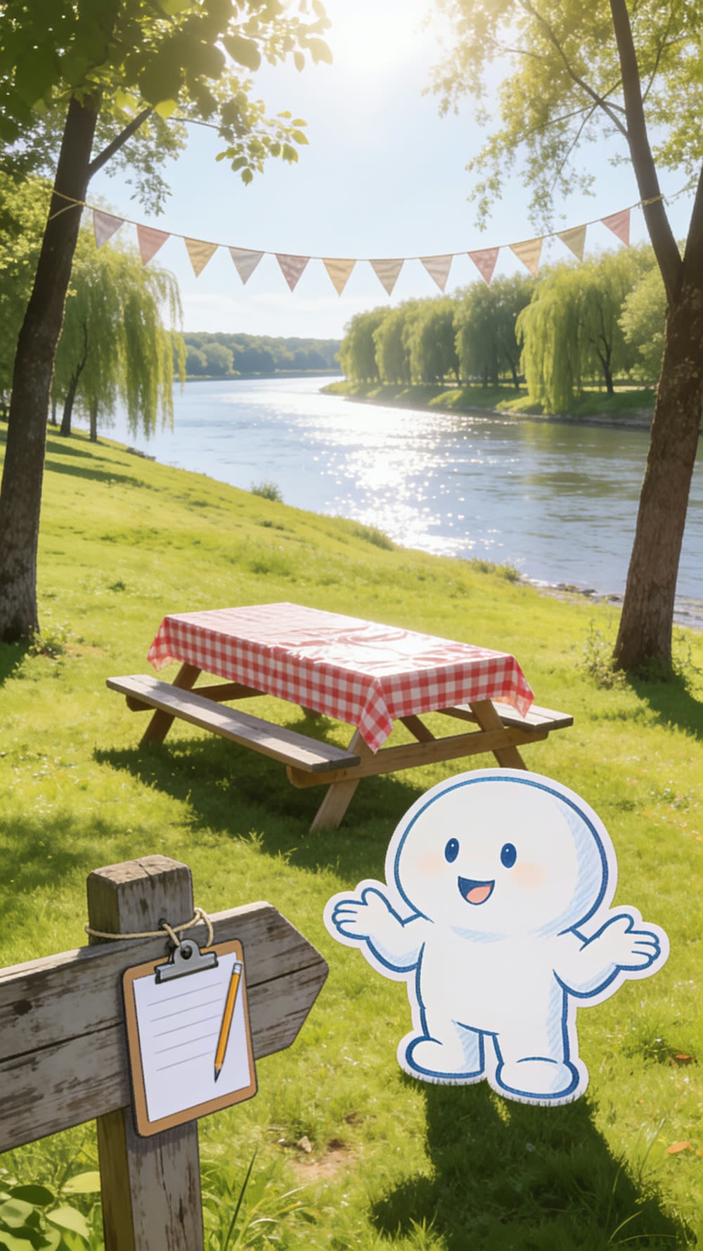 A mascot stands beside a long trestle table on a riverside picnic meadow, giving a big cheerful shrug at the completely bare gingham tablecloth, with a blank clipboard hanging from a nearby wooden signpost.