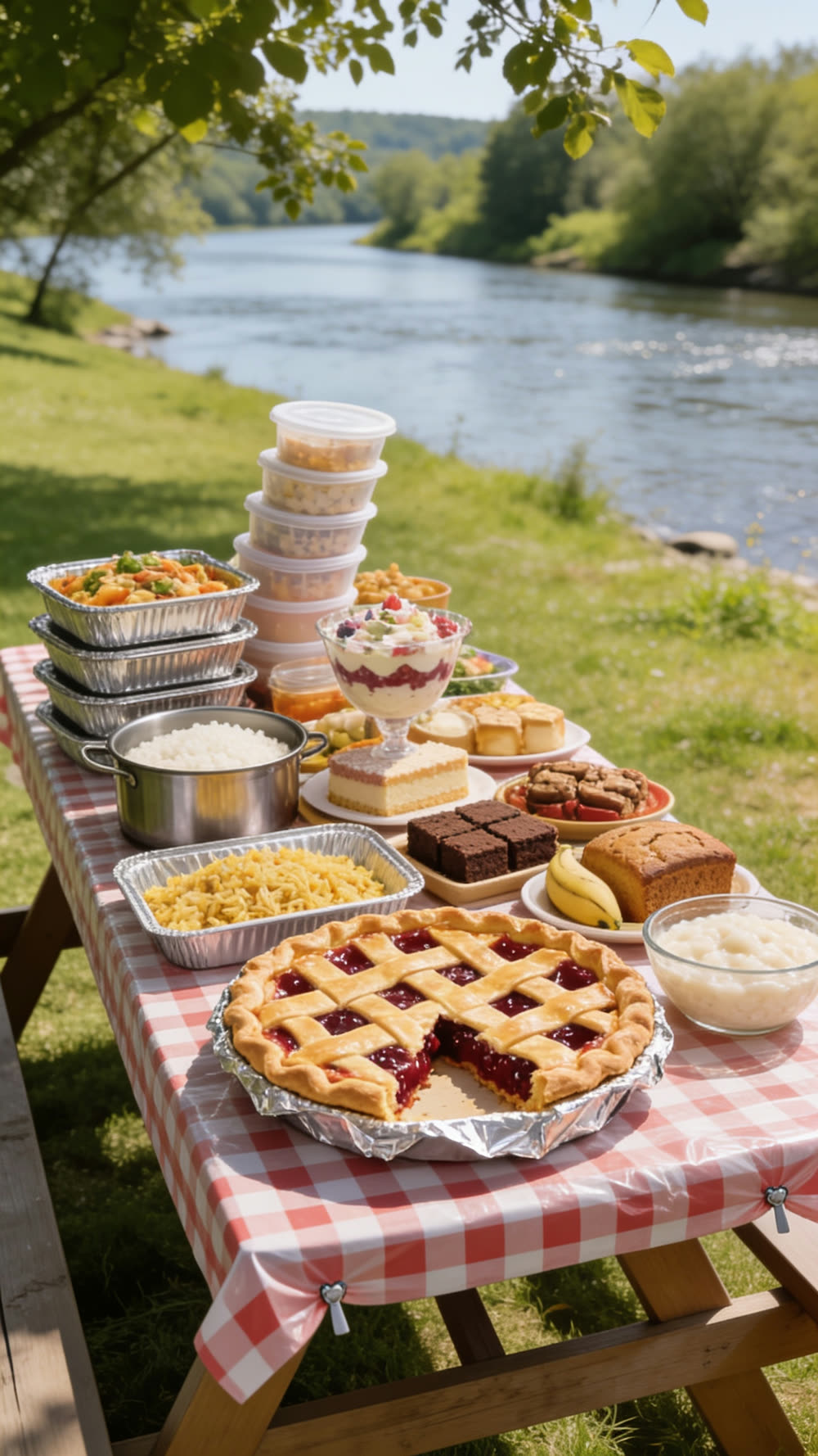 A long trestle table on a riverside picnic meadow buried under a mountain of potluck food: stacked casserole dishes, cakes, brownies, three kinds of rice, and a golden cherry pie, with no plates, forks, or spoons anywhere on the table.