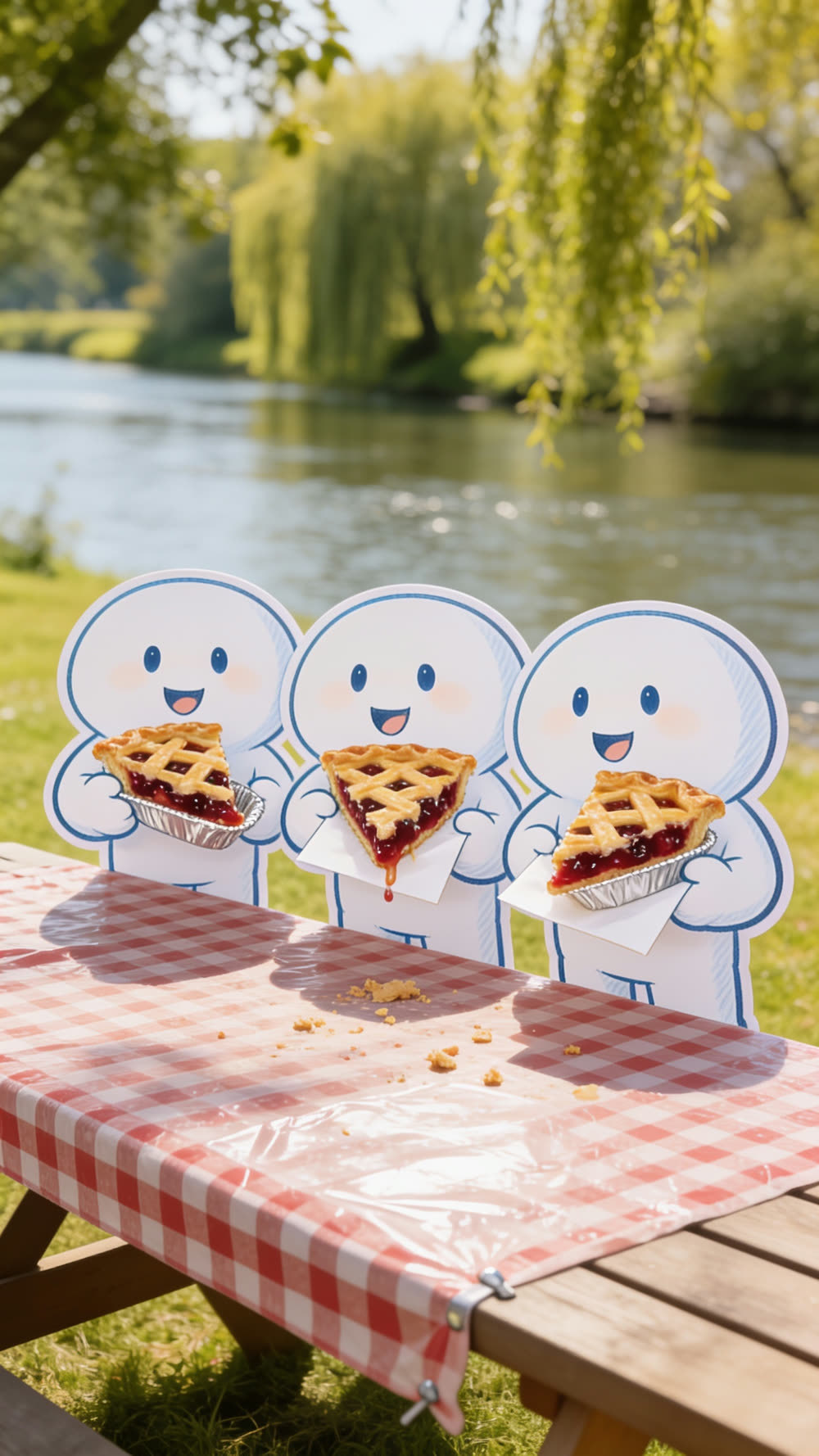 Three mascots stand shoulder to shoulder at the picnic table, each holding a wedge of cherry pie balanced on a paper napkin and gripped directly with their hands, huge delighted smiles, no cutlery anywhere.