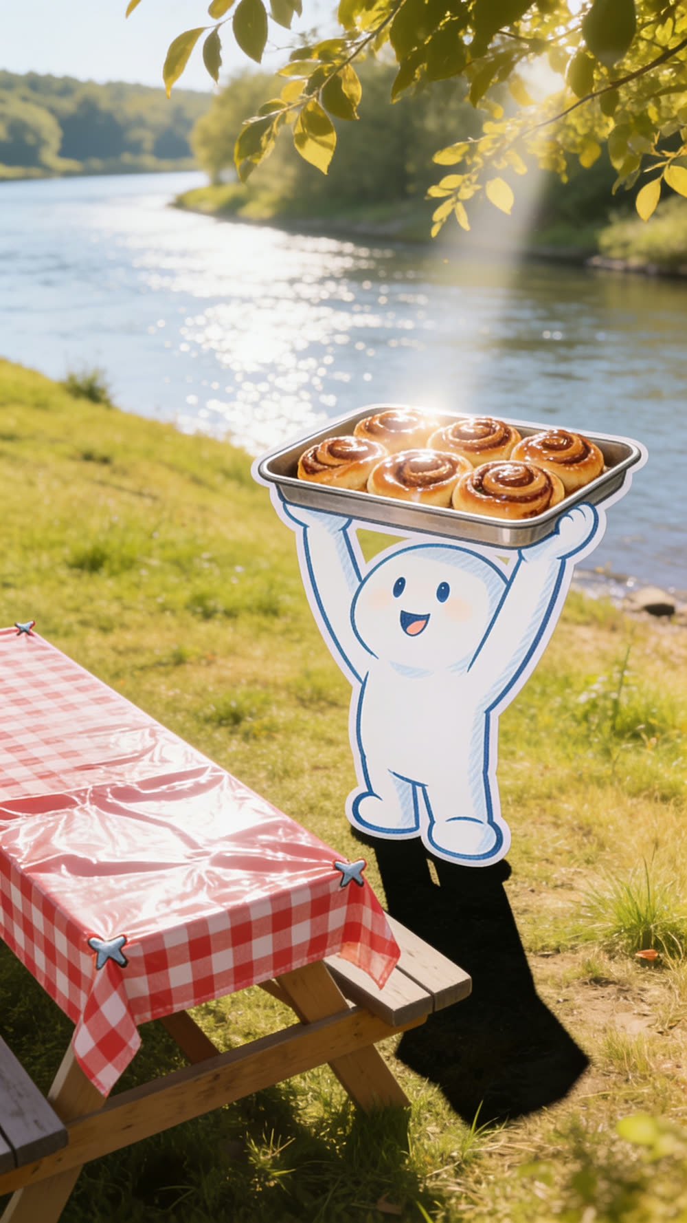 One mascot stands with both arms fully extended overhead, holding a tray of glossy cinnamon rolls high above its head, chest puffed out, huge proud beaming grin.