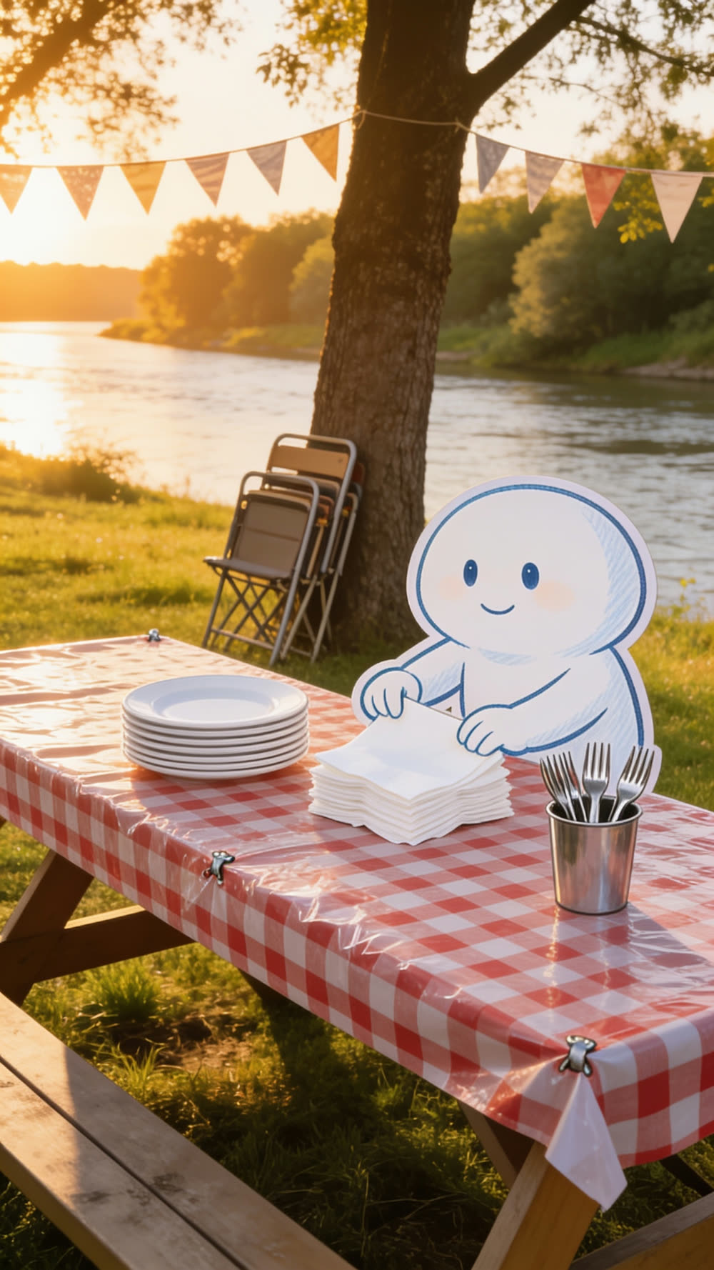 A tidy supply station on the picnic table: a neat stack of paper plates, a fanned pile of paper napkins, and a cup of forks, with one mascot placing the last napkin on the pile and folding chairs stacked against a tree behind it.
