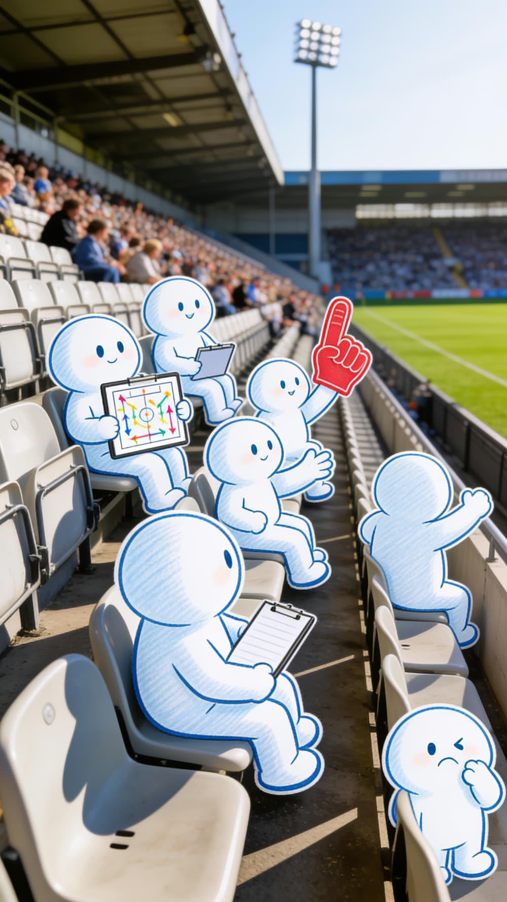 Mascot characters sitting in stadium seats behave like TV pundits: holding clipboards with arrows and diagrams, waving a giant foam finger, and one sitting with a hand on its chin looking unconvinced, all facing the pitch below.