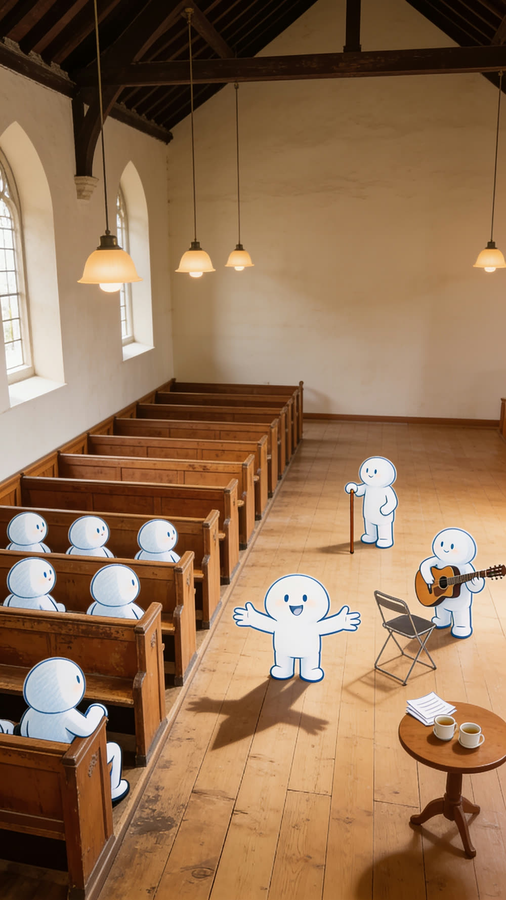 Inside a wood-beamed church hall, mascot characters sit together in the pews on one side while others stand out on the open floor: one leaning on a cane, one playing guitar, one greeting with open arms, next to a small table with two mugs of coffee.