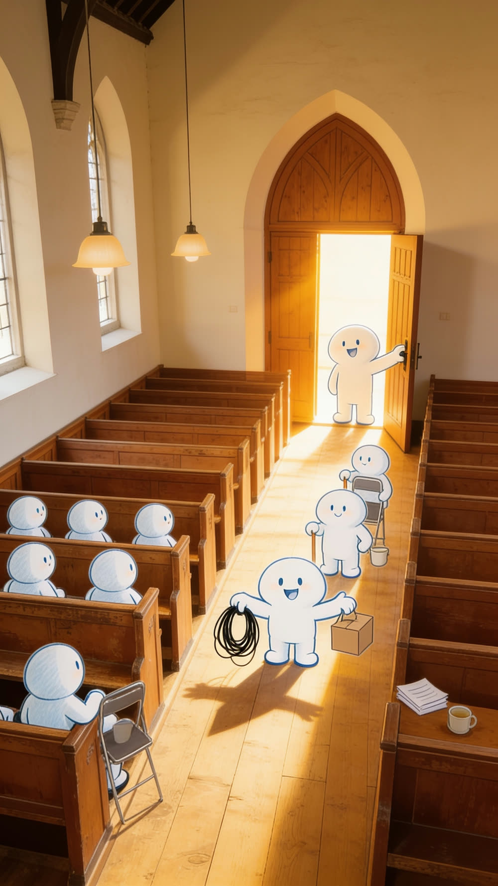 A mascot character holds open a tall wooden arched church door, sunlight flooding in from outside, while other mascot characters carry a coiled cable, a box, and a folding chair down the center aisle between the pews.