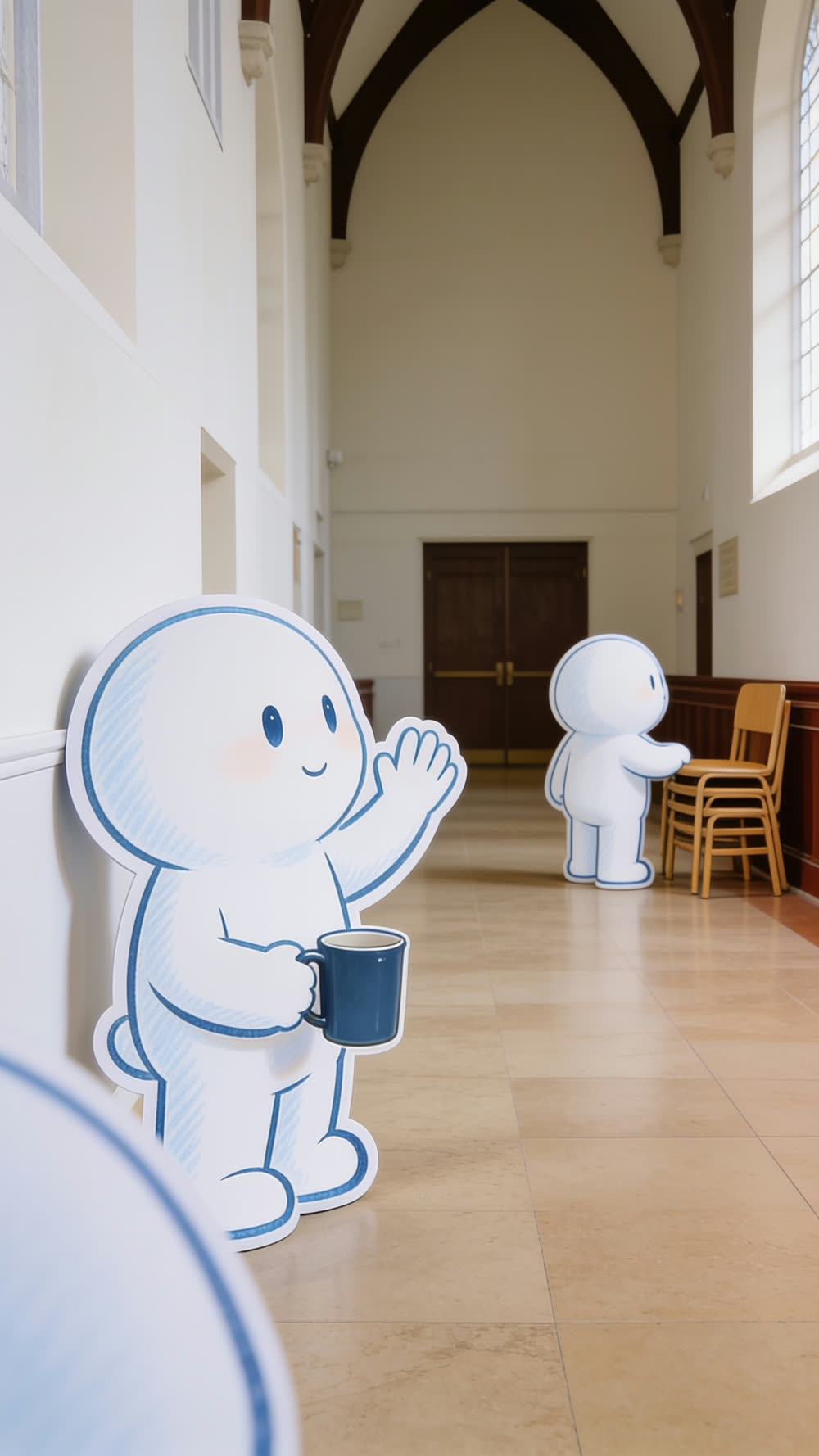 The mascot's head fully turned away, free hand half-raised in a hopeful wave toward a third mascot across the room who is completely absorbed and clearly does not need anyone.