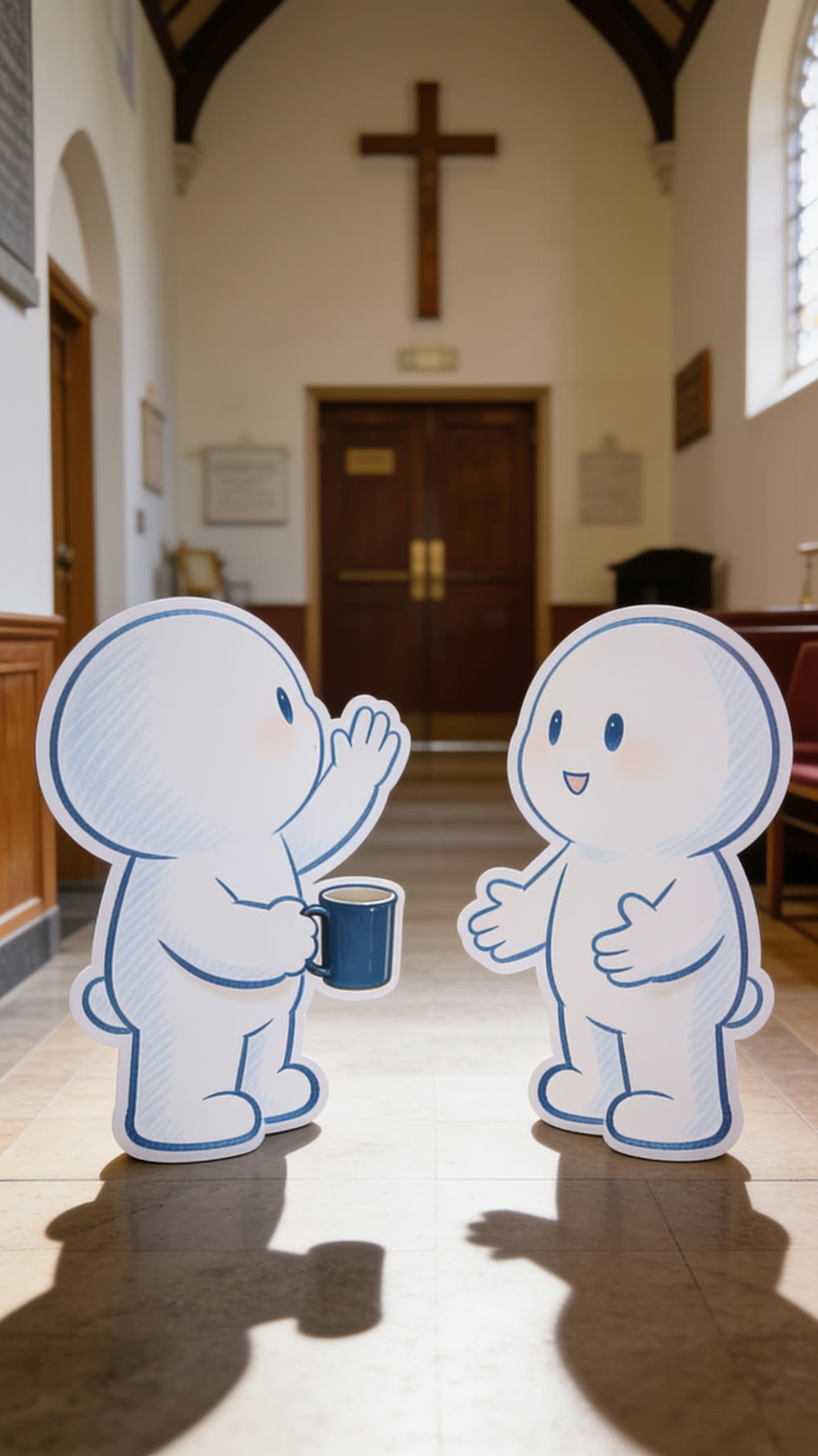 Front-on two-shot: our mascot caught mid-snap-back, wave hand still half raised, having just been caught looking away while the other mascot keeps talking, unaware.