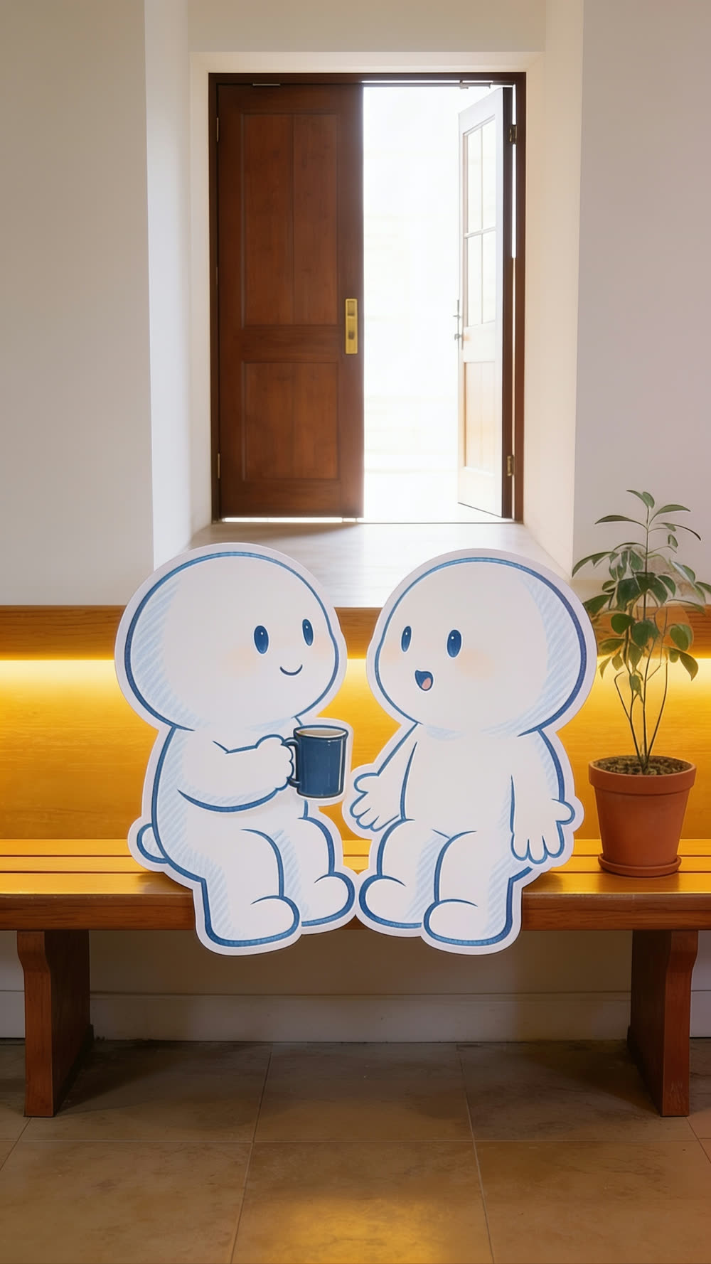 Close two-shot on the bench: both mascots fully turned toward each other, the warmest and most attentive frame of the whole episode, the mug forgotten and cold.