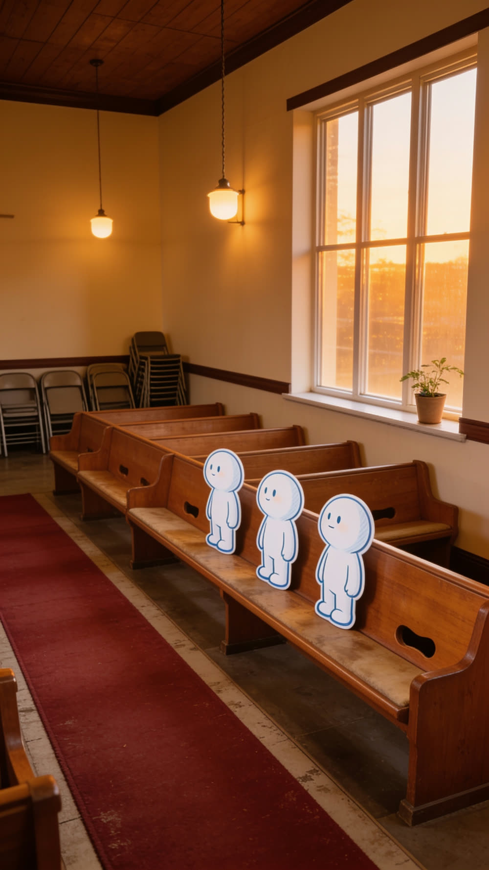Three round white cutout mascots stand side by side in a front church pew facing tall bright windows, all with both arms relaxed at their sides at the very start of the song.