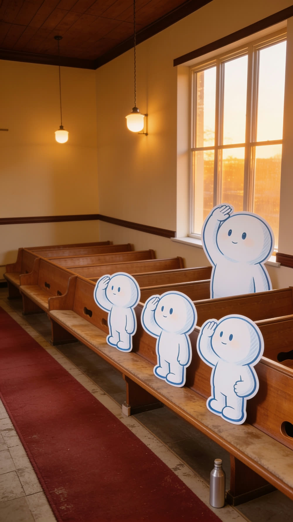 Three round white cutout mascots in a front church pew, each with a hand raised to a different height: ear height, full stretch, and a deliberately in-between height for the one in the middle.