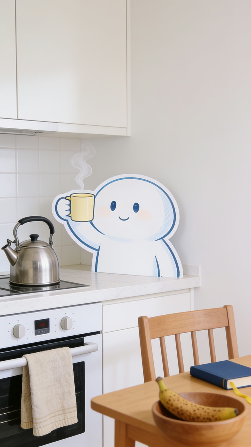 A flat cutout mascot at a kitchen counter, raising a steaming yellow mug in a small innocent toast to camera, a kettle behind it and the abandoned reading chair visible small in the background.