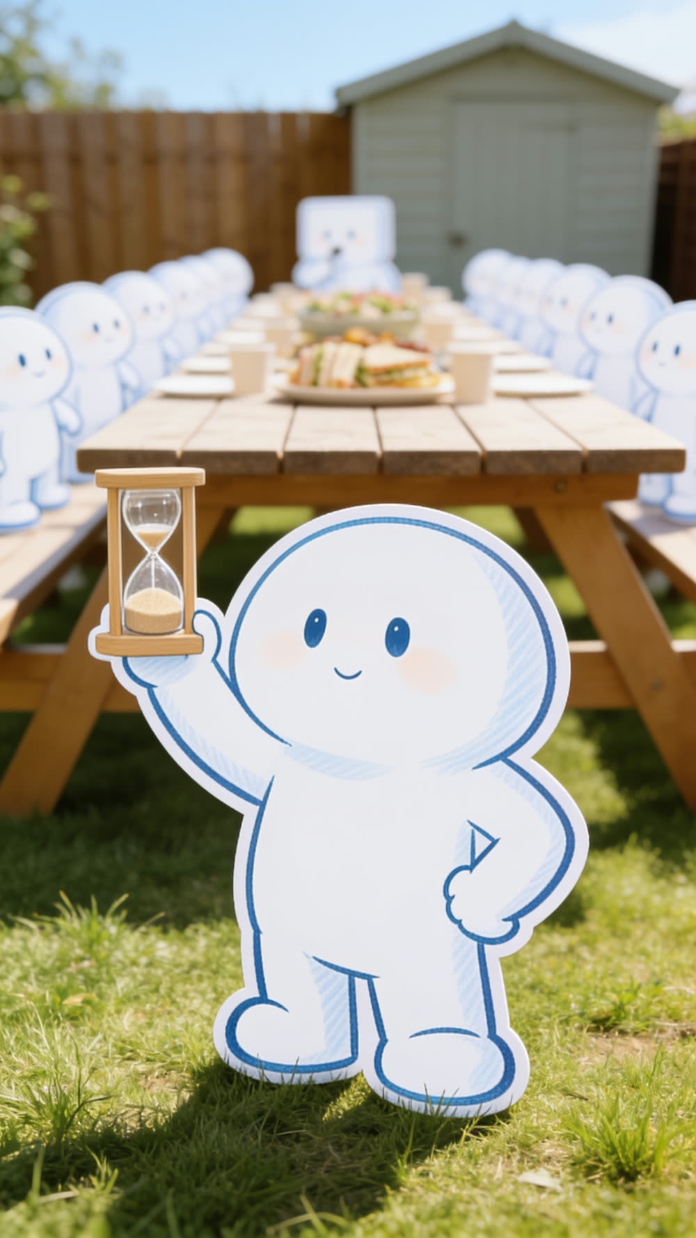 Straight down the lens, the mascot holds up a spent sand timer beside its head like a badge, chin high and prim, at a garden party.