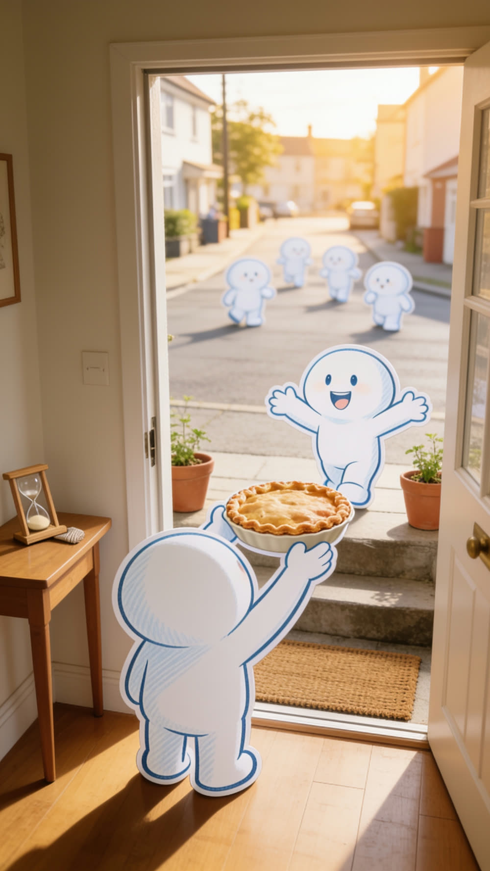 At the front door, the mascot hands a whole big pie out through the doorway with both hands to a neighbor on the step, while the sand timer lies on its side on the hall table.