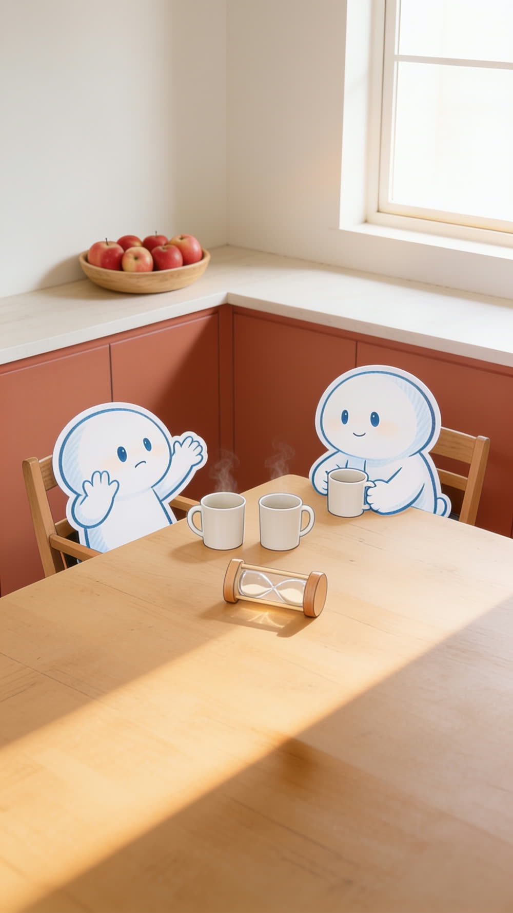 Back at the kitchen table, the friend mid-story with two full mugs, our mascot settled all the way back into its chair, chair square, the timer resting on its side between the mugs.