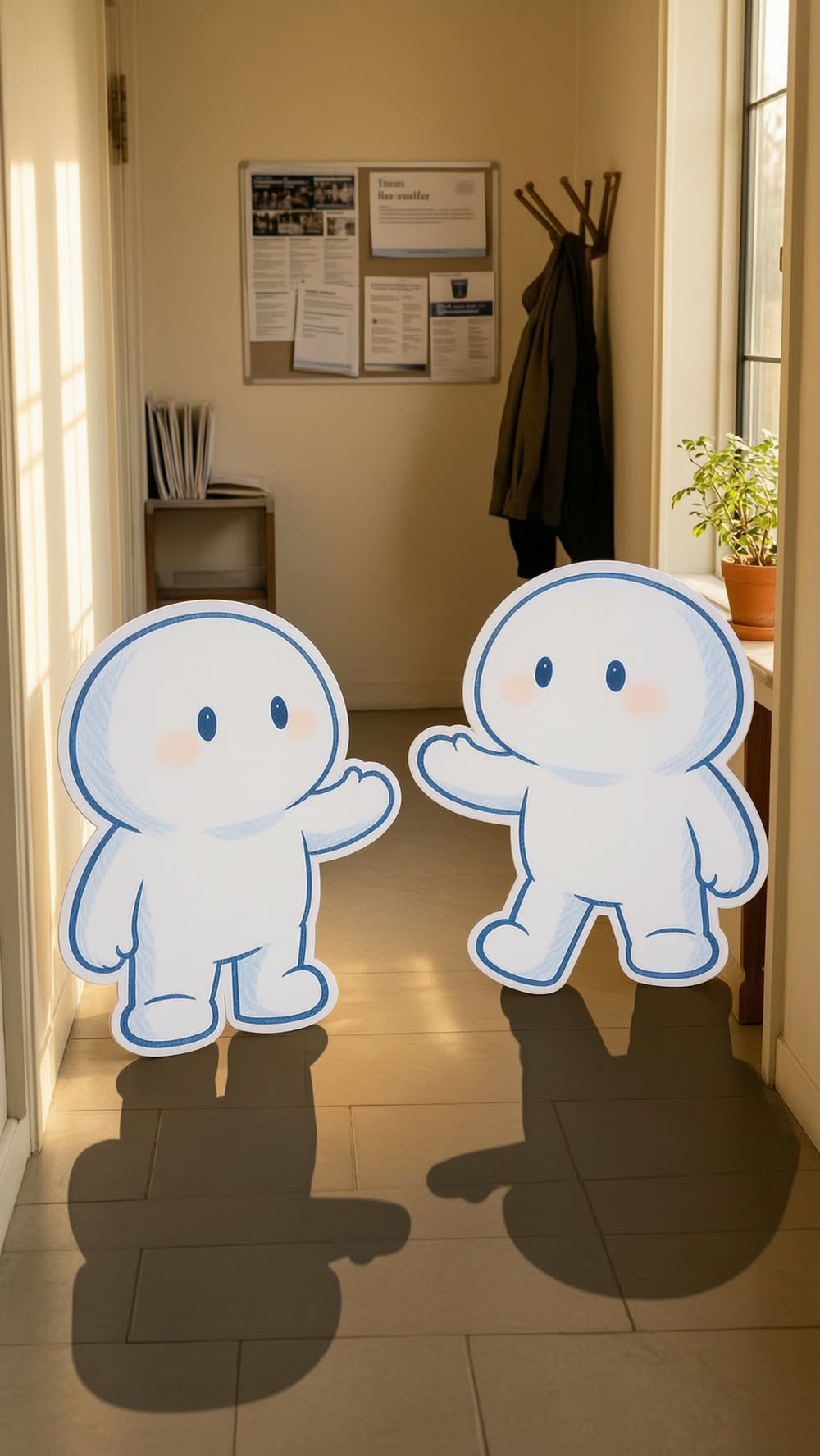Two round white mascots approach each other in a sunlit church hallway, arms about to rise in greeting, a bulletin board and coat rack visible behind them.