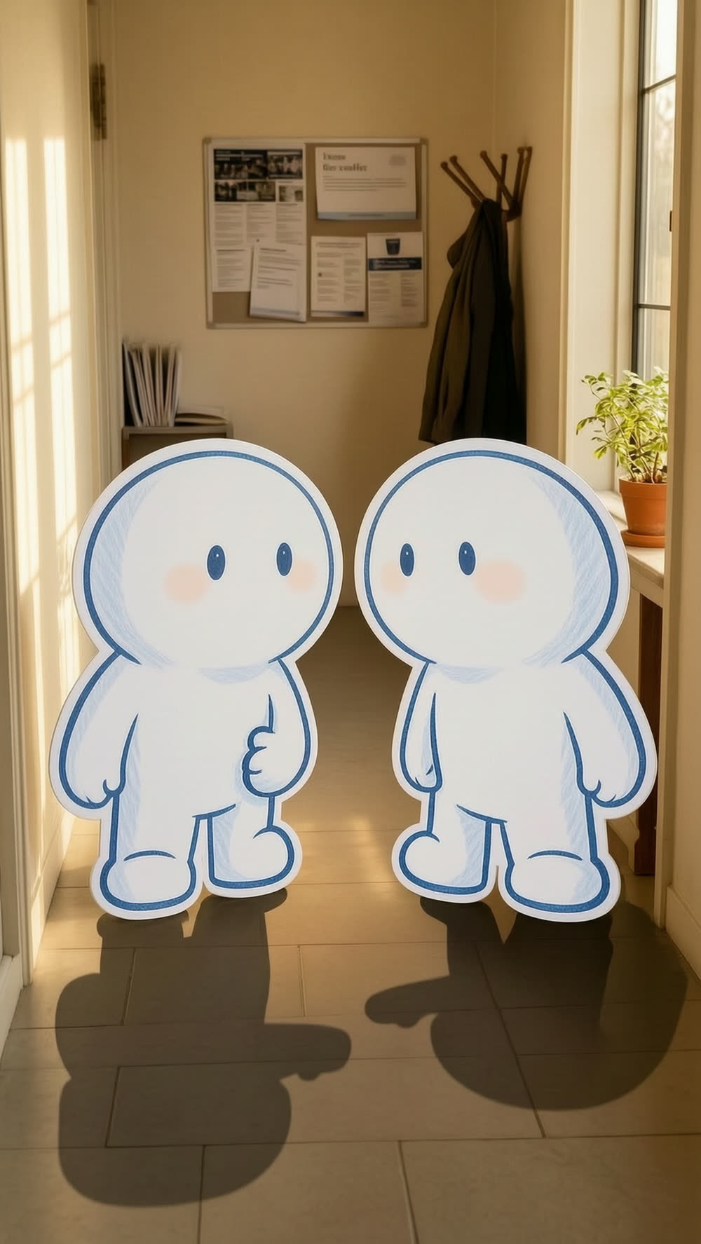 Two-shot: one mascot turns to face the other directly, a vulnerable, plain expression, in the middle of asking a question.