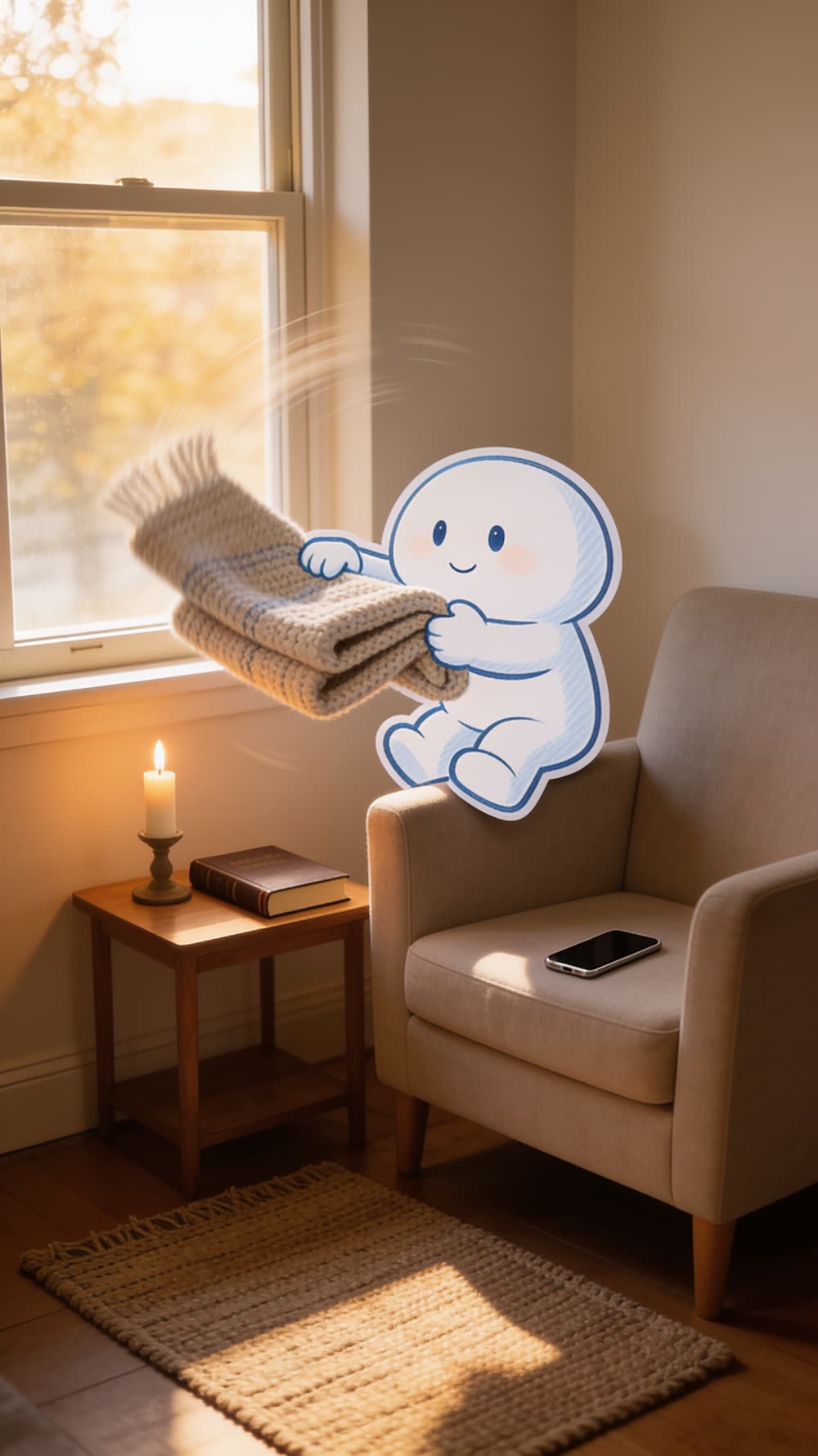 The mascot snapping a knit blanket out like a matador's cape, mid-air and still airborne, beside a lit candle and a book on a side table.