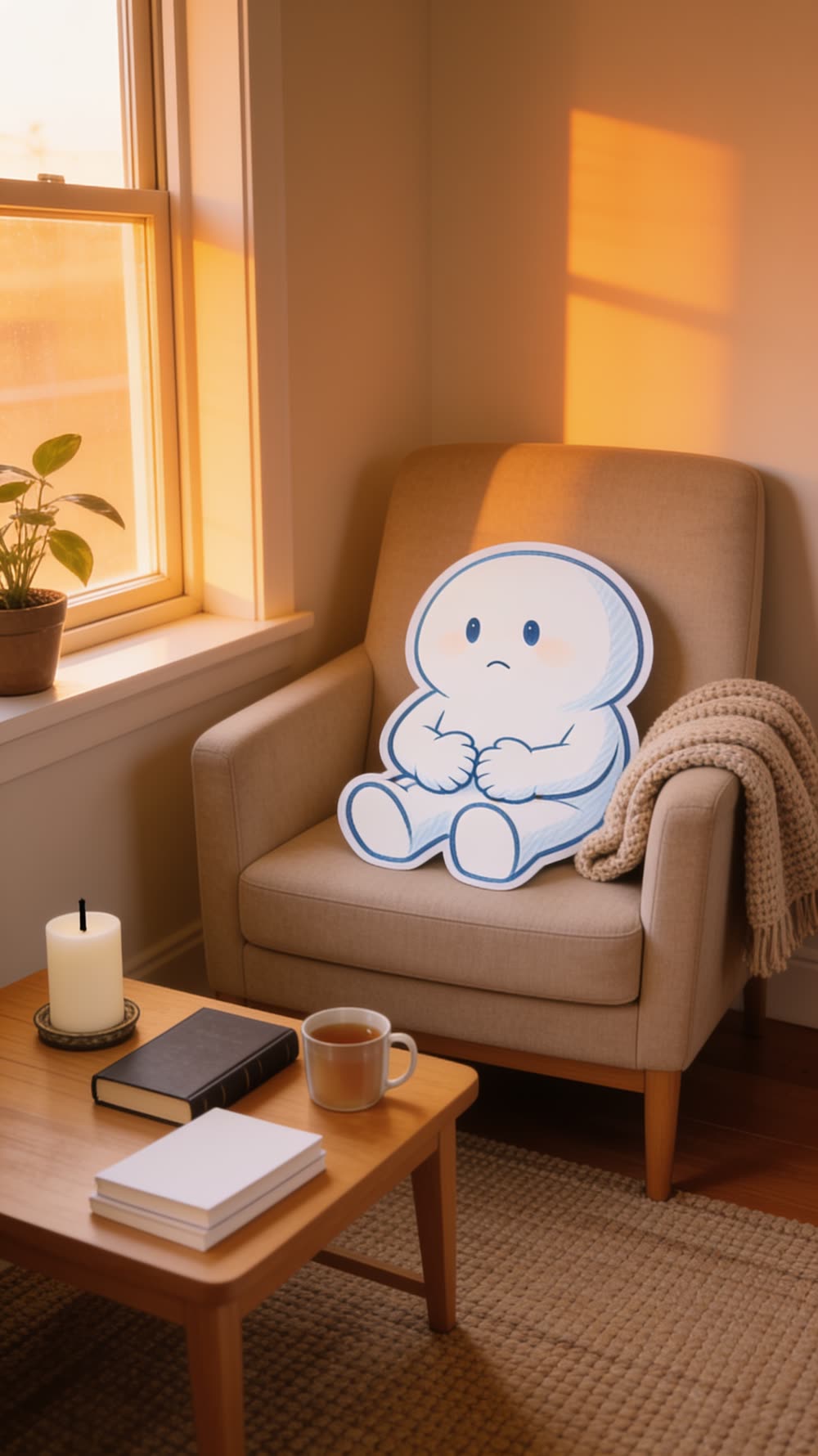 A calm, warm, wide shot of an empty reading nook: an armchair, a lit candle, a folded blanket, and soft afternoon light through the window, with no mascot in frame.