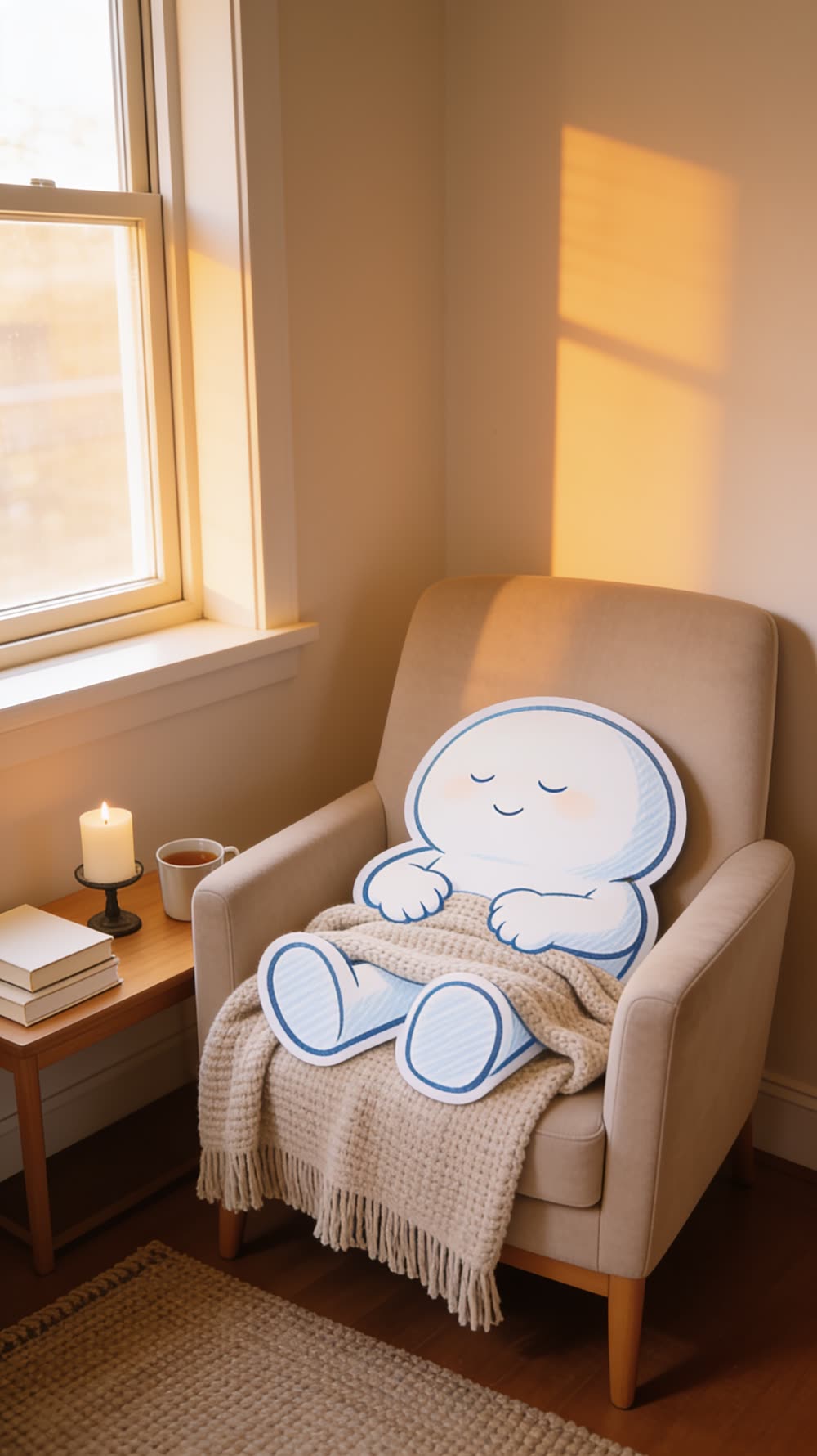 The mascot genuinely at rest in an armchair, eyes closed, wrapped in a blanket with a hand-stitched heart, a candle glowing steadily beside it in warm afternoon light.