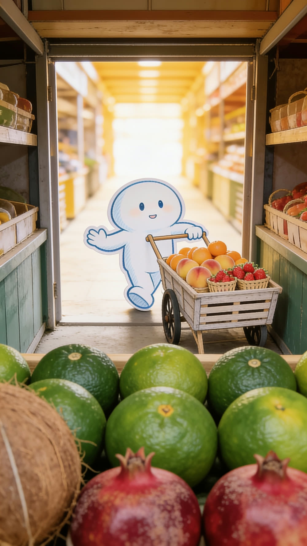 A wooden handcart's two long handles rest flat on the cobblestones, dropped mid lane, its bed still holding baskets of peaches and strawberries, one loose orange lying nearby on the stones.