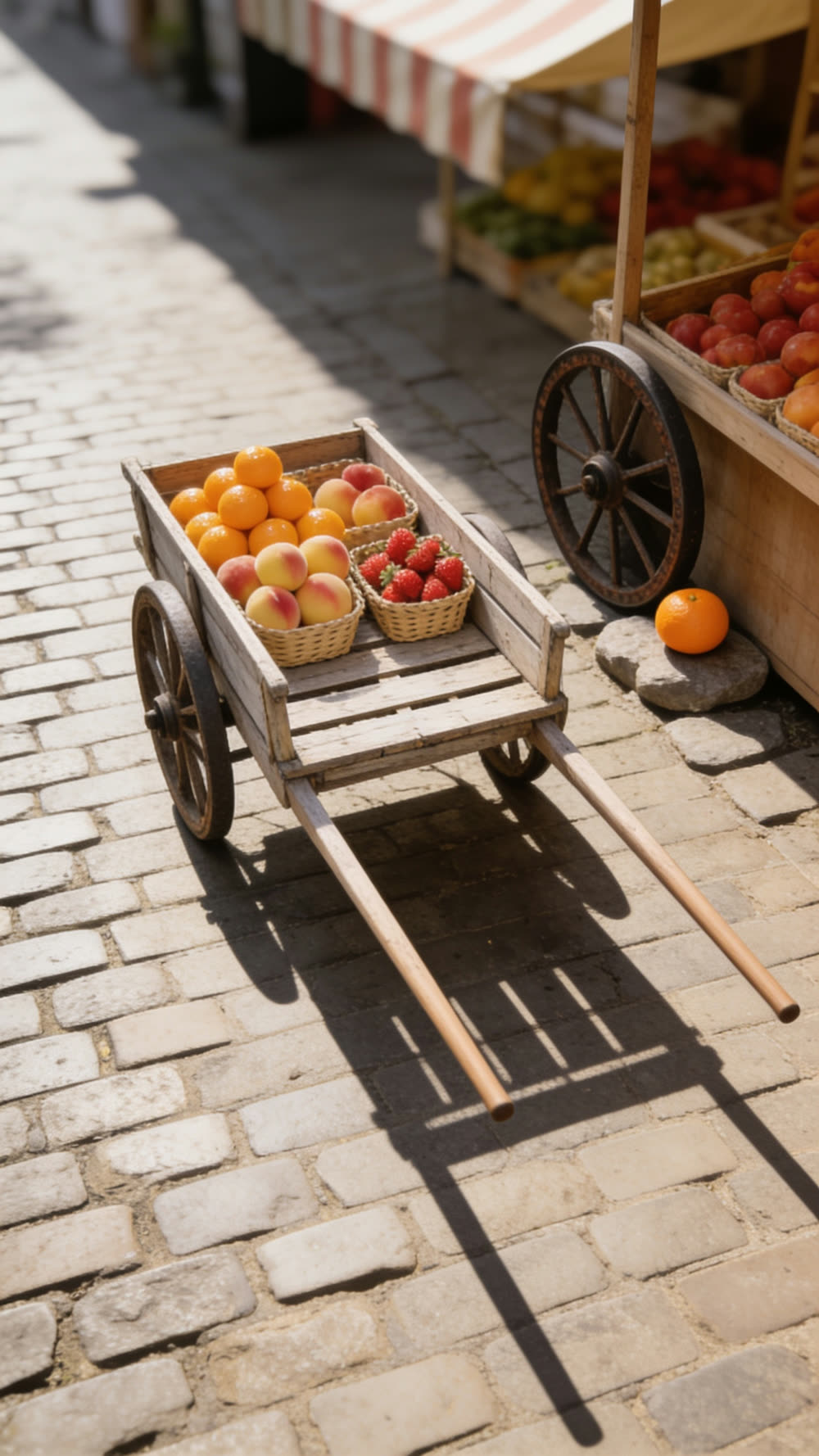 A wooden handcart piled with bright oranges, peaches, and strawberries sits abandoned and alone on the cobblestones, seen from directly overhead, its long morning shadow stretched across the empty lane.