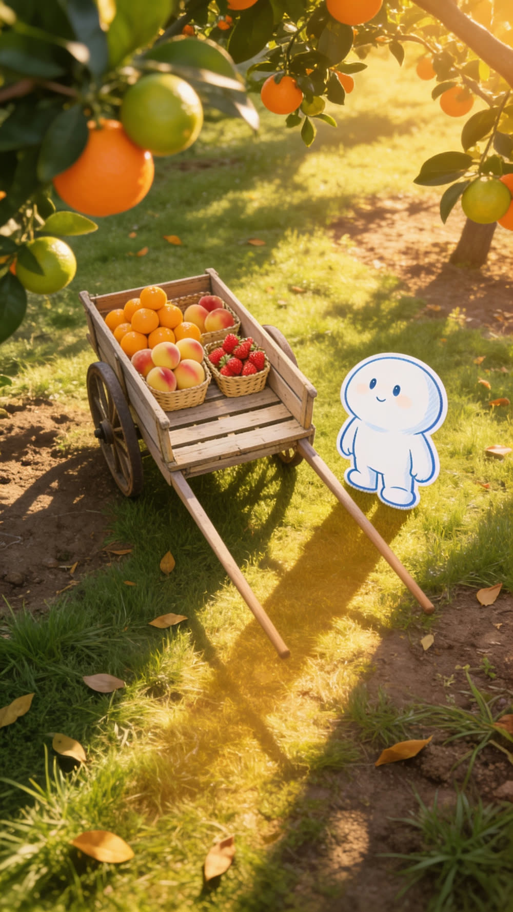 Framed by a shaded stall's own rows of hard green unripe fruit, the mascot pushes its loaded cart cheerfully through an open doorway into a brighter, busier market beyond.
