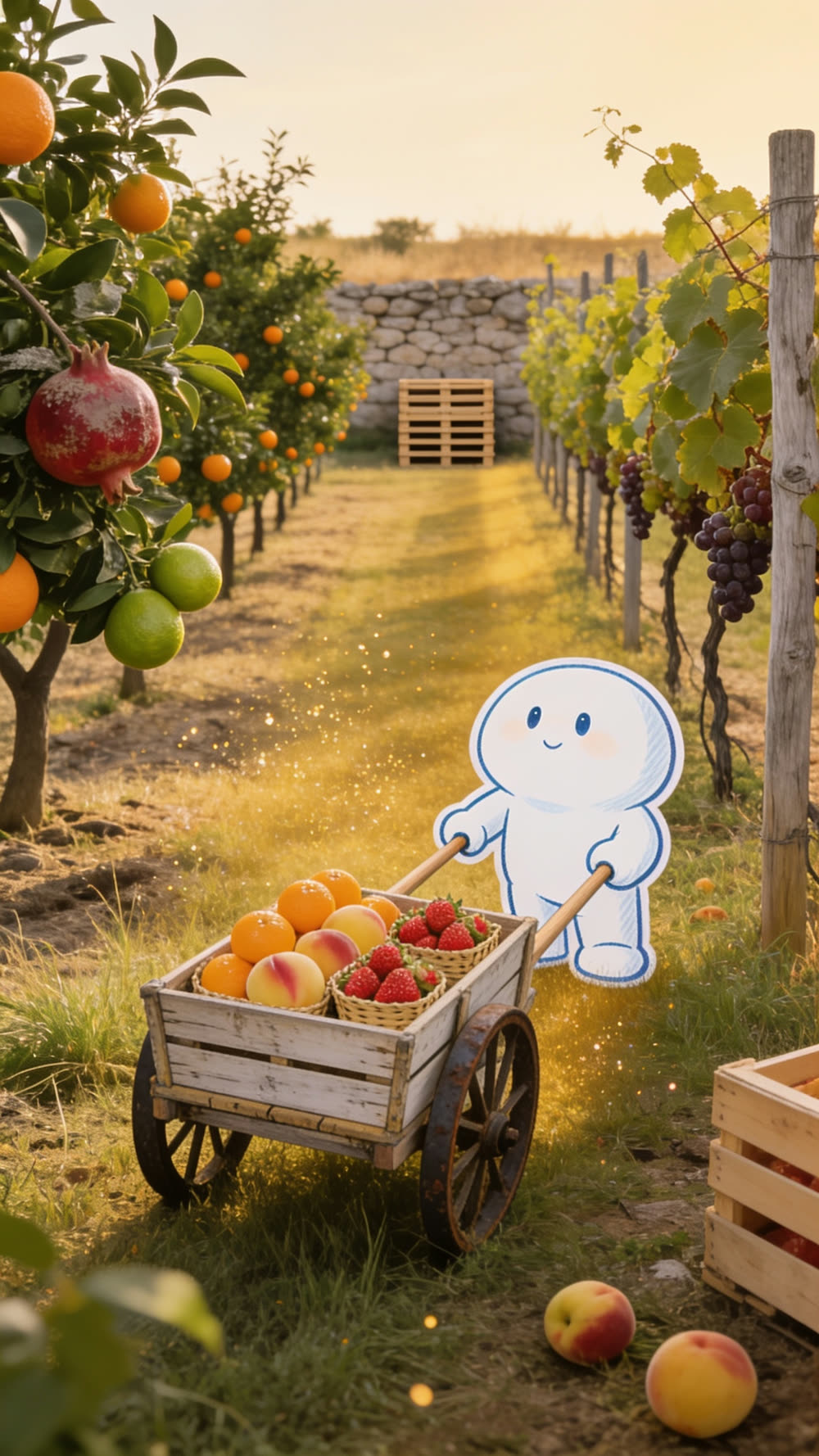 The mascot pushes the same loaded handcart down a sunlit row in an old orchard grove, orange trees carrying both ripe and still-green fruit on one side, grapevines on the other, a low stone wall in the distance.