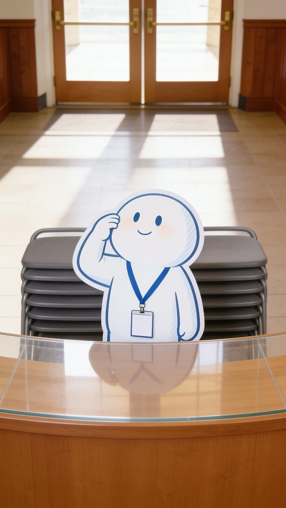 A round mascot character wearing a blue lanyard and name badge, standing behind a reception desk with a stack of chairs behind it, saluting toward the open front doors of a sunlit church hall.