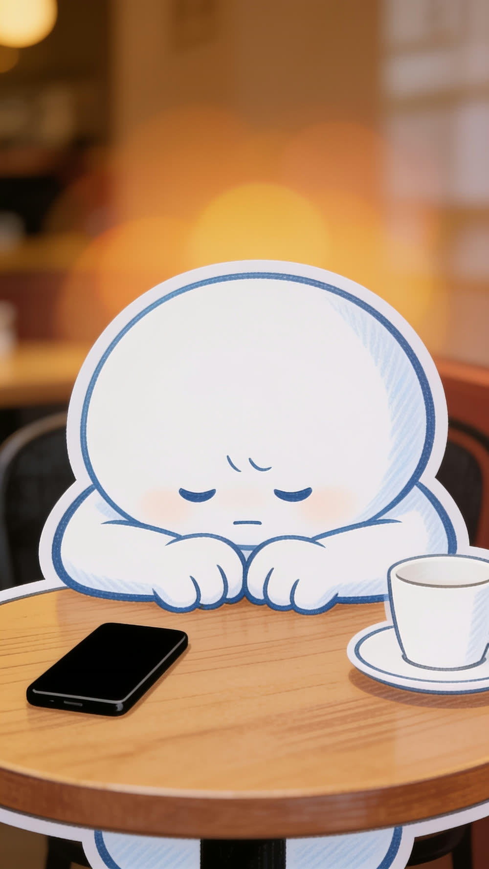 The mascot character sits at a cafe table with a phone face down beside it, eyes shut and mouth in a tight, gritted line, mid-prayer, a cup of coffee at its elbow.
