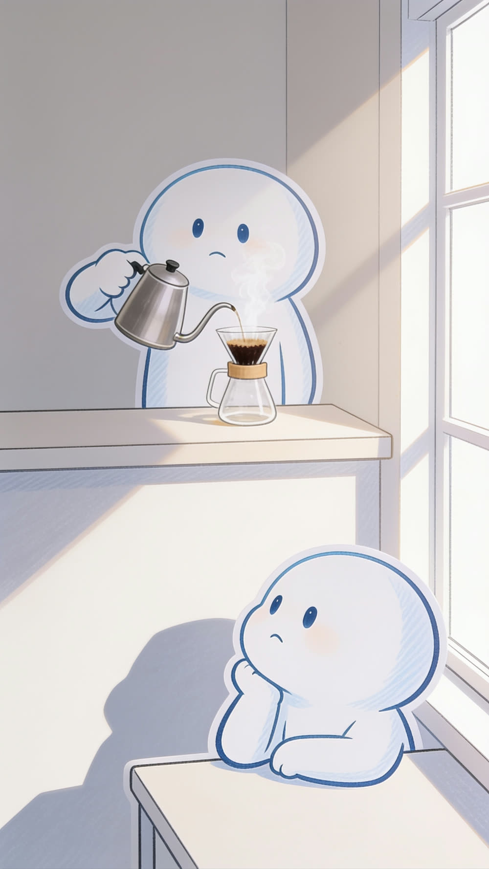 One mascot character carefully pours hot water from a kettle over coffee grounds in a glass pour-over dripper, steam rising, while a second mascot character watches and waits from a table below.