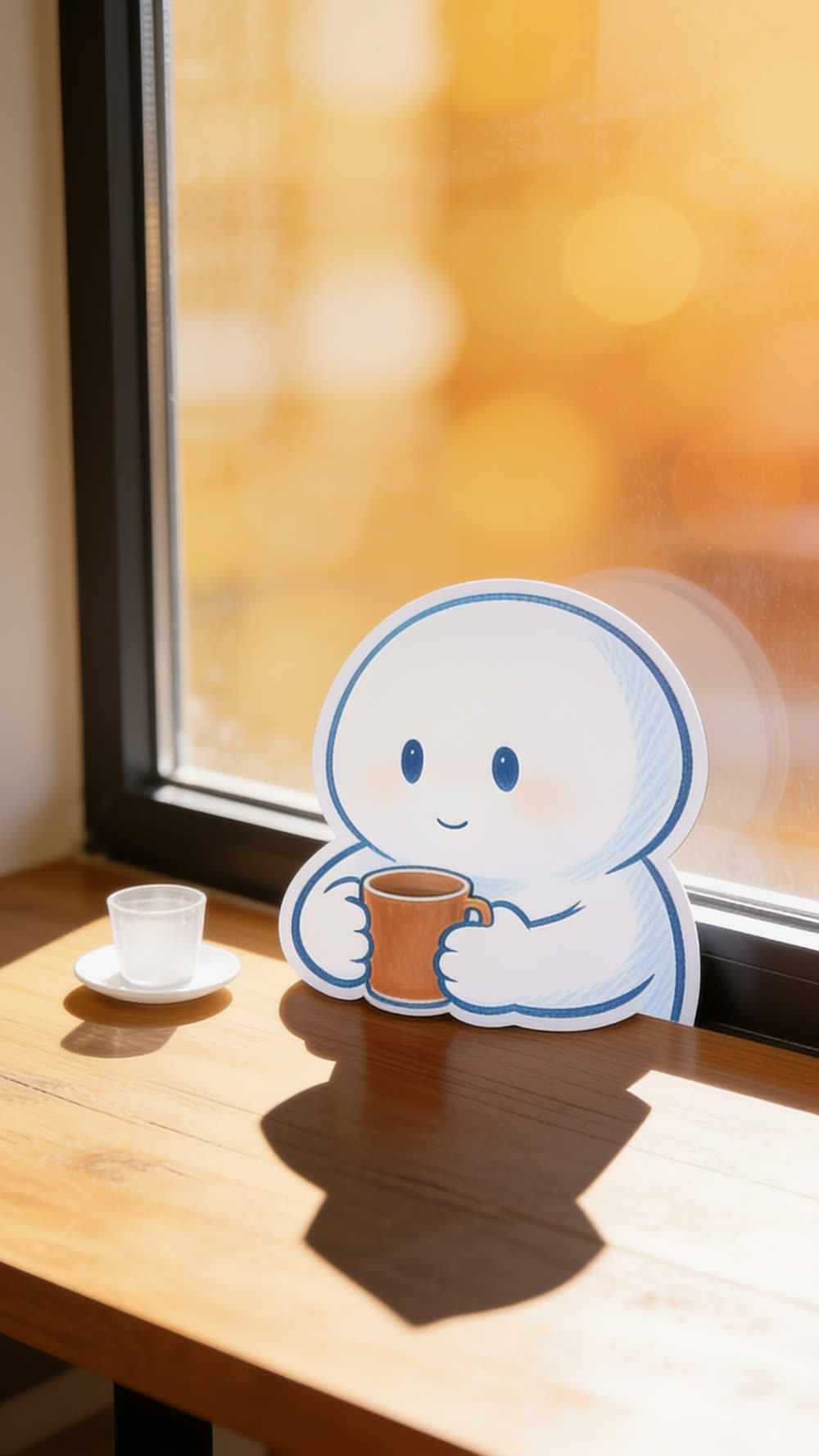 The mascot character sits calmly at a sunlit table holding a warm orange mug in both hands, an empty glass and saucer beside it, looking thoughtfully out toward the light.