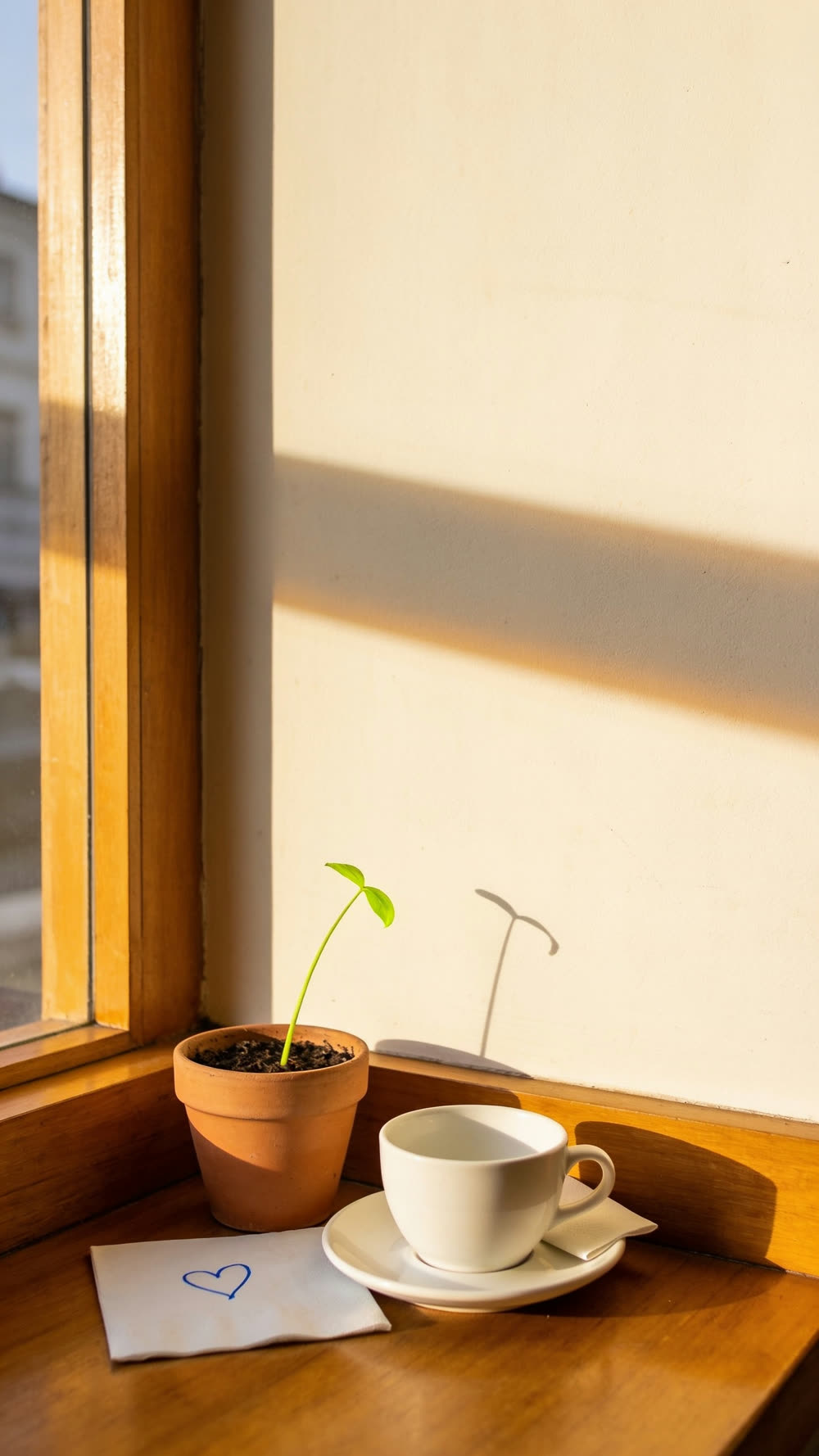 A small seedling with two bright green leaves grows from a terracotta pot on a sunlit windowsill, next to a white coffee cup and a napkin with a heart drawn on it in blue ink.