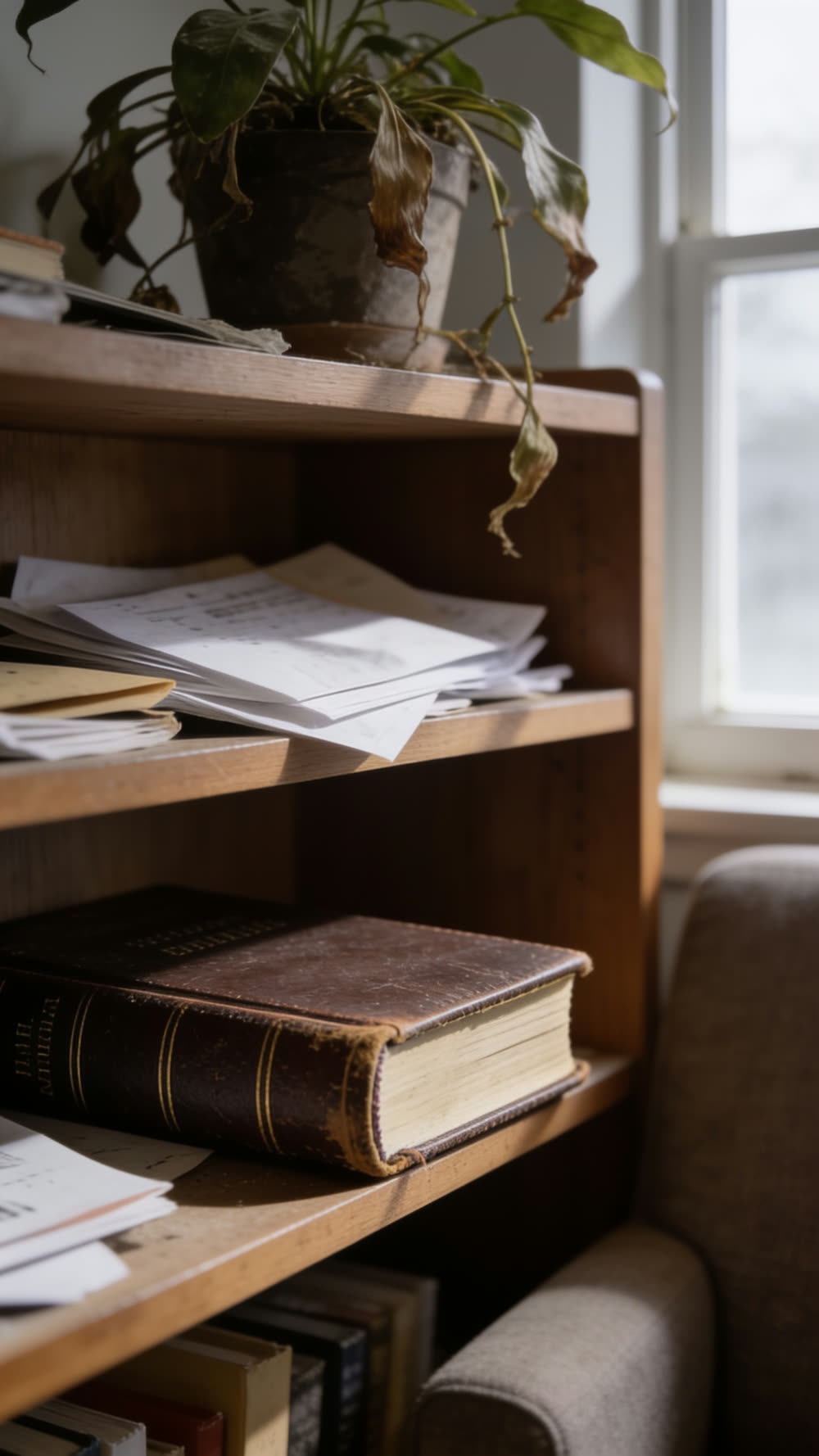 A dying houseplant sits above a bookshelf where a leather Bible rests untouched among stacks of unread papers, the first faint threads of a spider web beginning to form nearby.