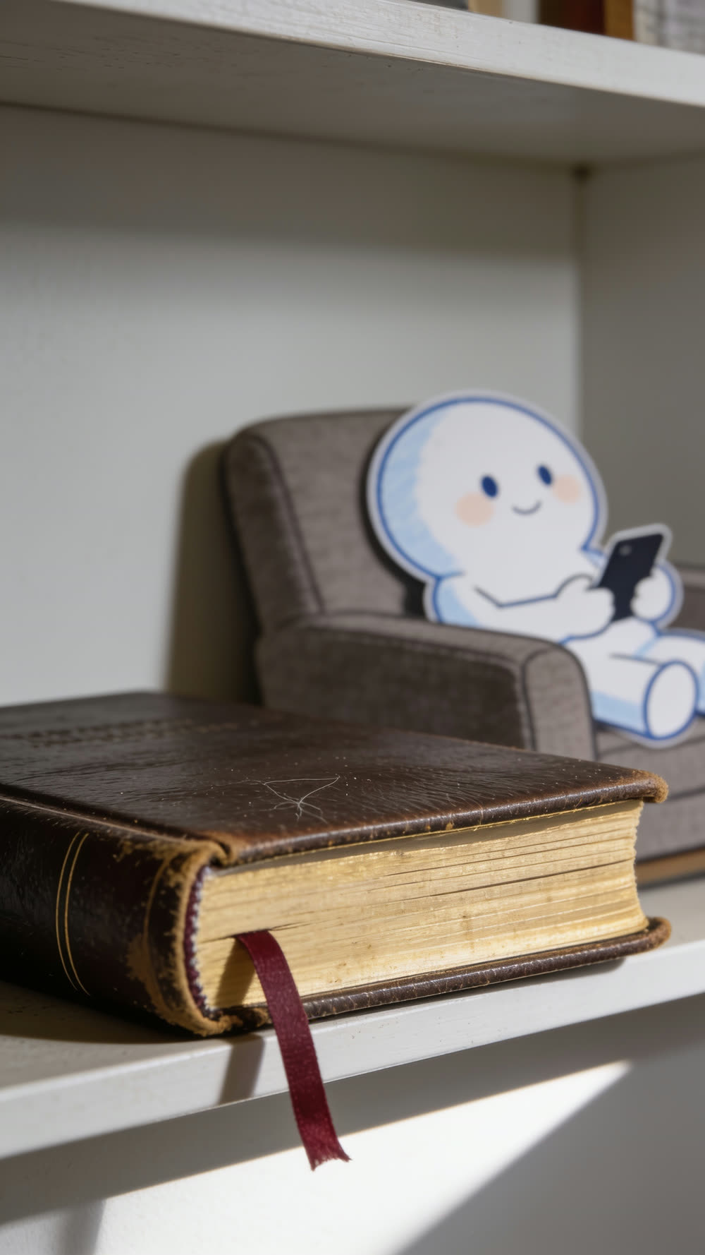 An old leather Bible with a dark red ribbon bookmark lies closed on a shelf in the foreground, while out of focus in the background the mascot character sits on a sofa, absorbed in a phone.