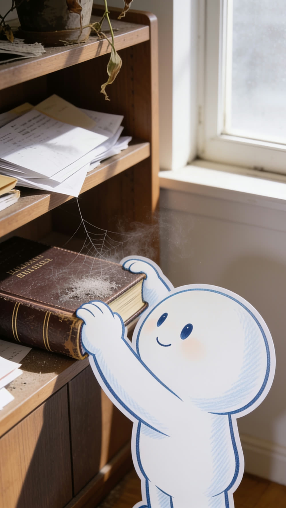 The mascot character reaches up with both hands to lift an old, dust-covered Bible off a shelf, breaking a spider's web strung across the cover in the process.