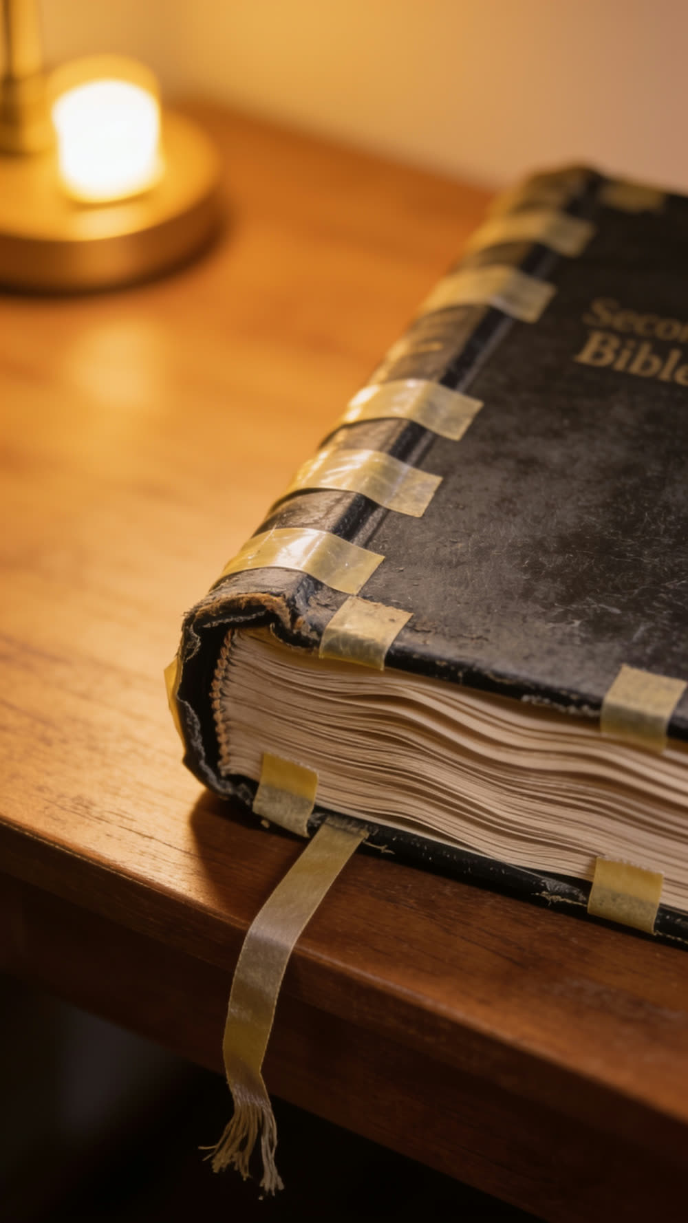A close-up of an old, well-worn Bible with its spine and cover mended by several visible strips of tape, resting on a wooden desk beside a warm lamp.