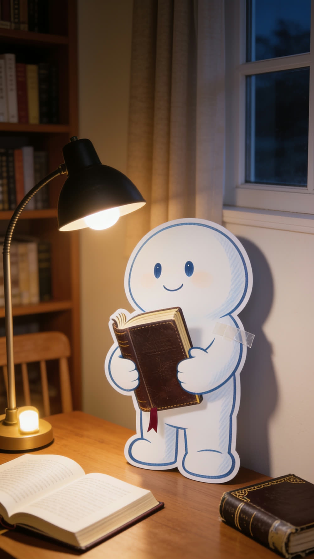 The mascot character sits reading an open Bible at a wooden desk under a warm lamp, with a second, older, tape-mended Bible resting nearby, in a quiet, softly lit room.