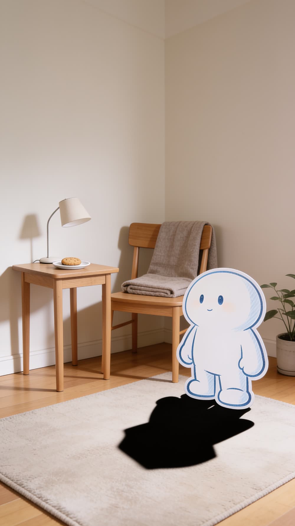 A wide view of the second chair, side table, lamp, rug, and saucer with biscuit, everything now visibly tidied and perfect, and the chair still completely empty.