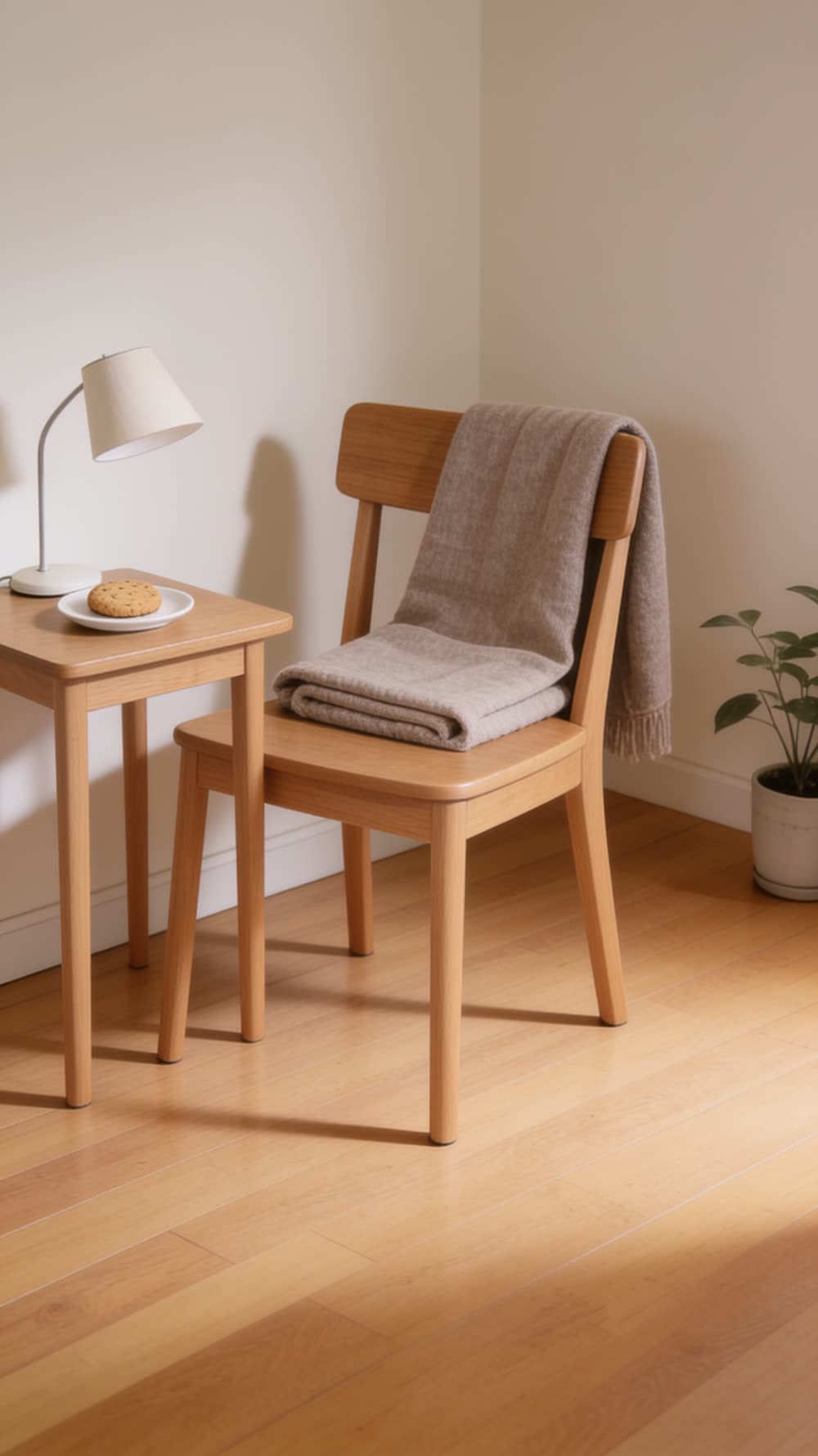A warm, chair-side medium-wide shot of the second chair and its now-perfect surroundings, soft evening light, everything still and quiet.