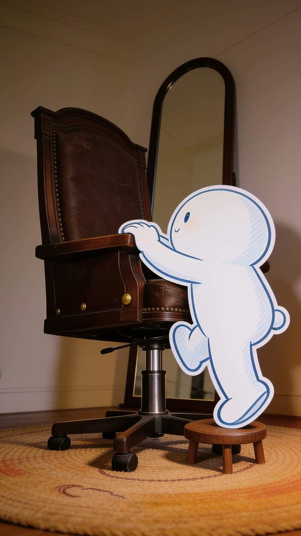 A flat cutout mascot climbing down from an enormous judge's chair using a small wooden footstool, one foot reaching for the floor at last.