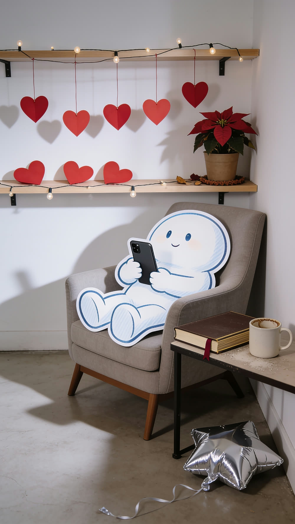 The same mascot in the same armchair, now holding a smartphone instead of the Bible, a faint glow lighting its face, while a deflated foil balloon and a browning poinsettia sit on the shelf behind it, six weeks after the opening shot.