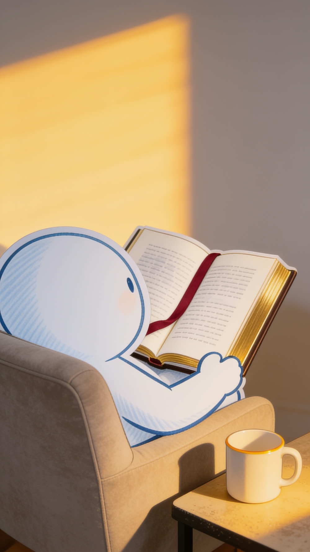 Viewed from over the mascot's shoulder, it sits in an armchair inside a band of golden morning light, both hands holding a thick Bible open at the place marked by a red ribbon, the ribbon trailing across the open page.