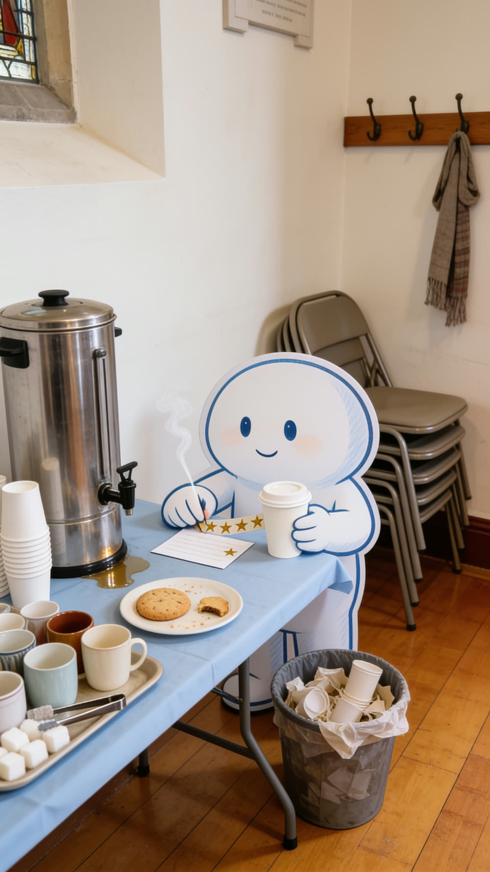 A Pundayschool mascot standing at a church foyer coffee table, holding a steaming paper cup and marking five gold stars on a small comment card, a plate of biscuits and a tall coffee urn on the table beside it.