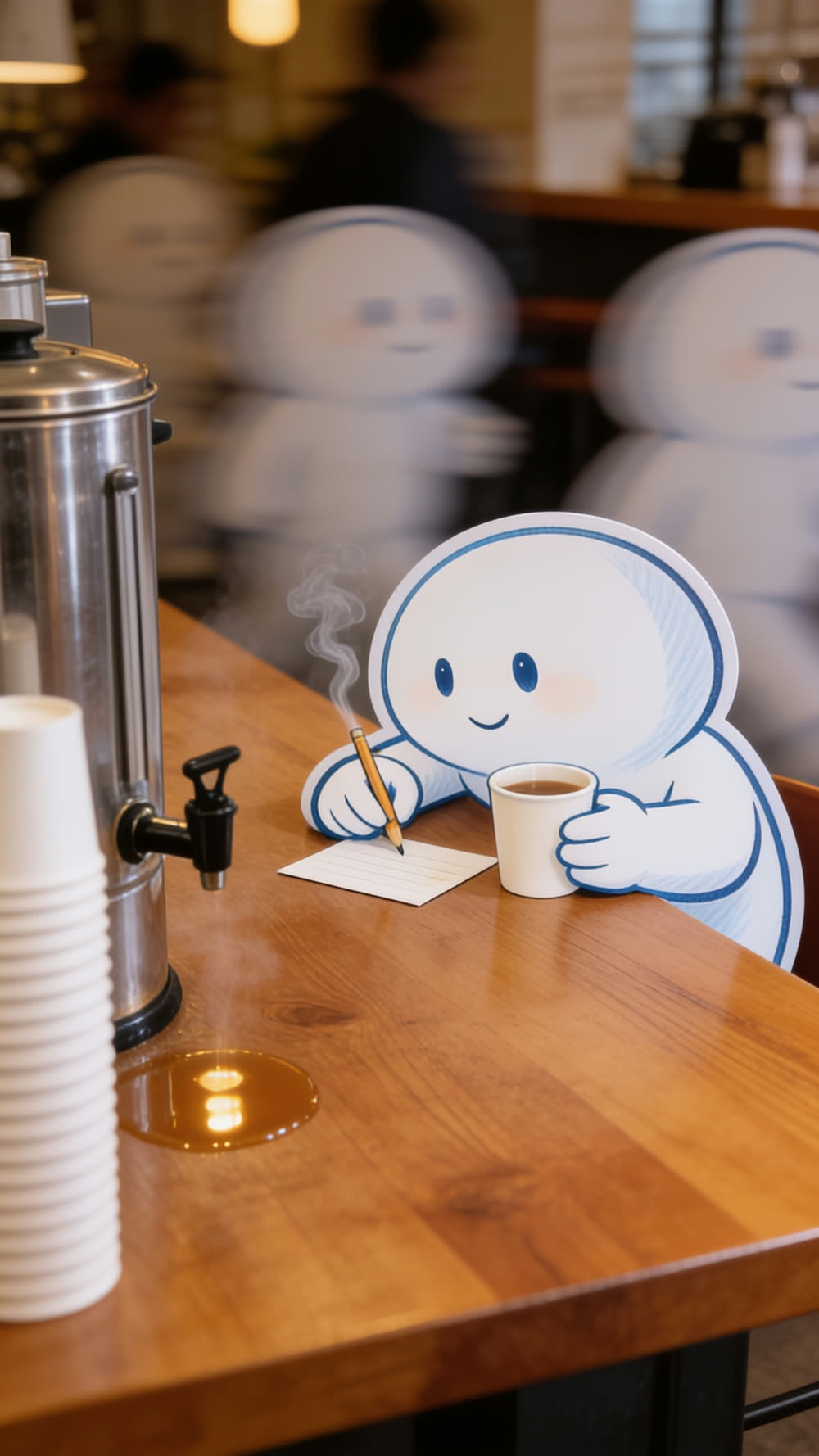 A Pundayschool mascot leaning on a coffee shop counter, ticking small precise marks down a star-rating comment card with a pencil, a steaming paper cup at its elbow, other blurred mascots milling in the background.