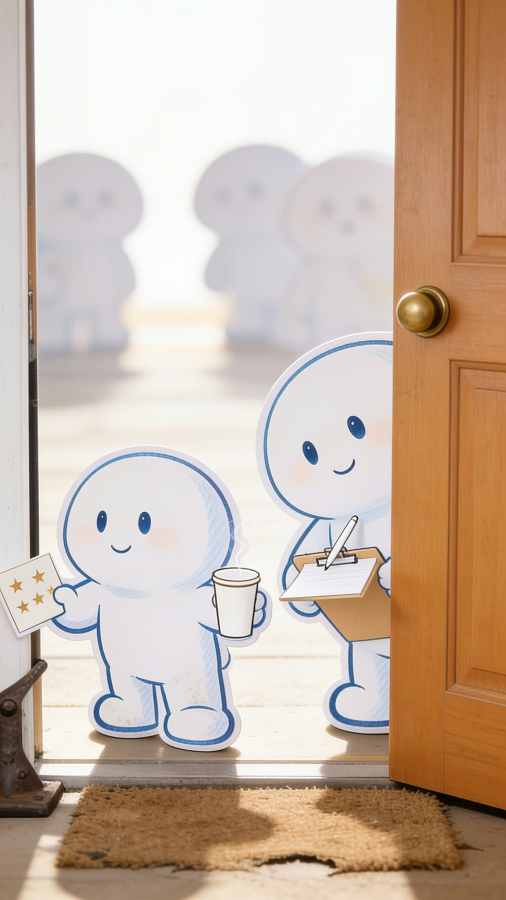 Two Pundayschool mascots at an open church door: one holding a five-star comment card and a coffee cup, the other leaning in with a small clipboard, asking a question at the exact moment the confident reviewer's expression starts to falter.