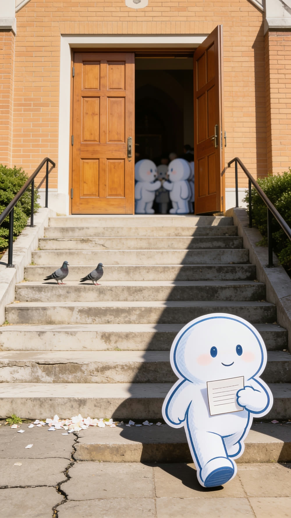 A Pundayschool mascot walking alone down worn stone steps outside a brick church, holding a small card covered in handwritten lines instead of star ratings, other mascots visible through the open doors behind.