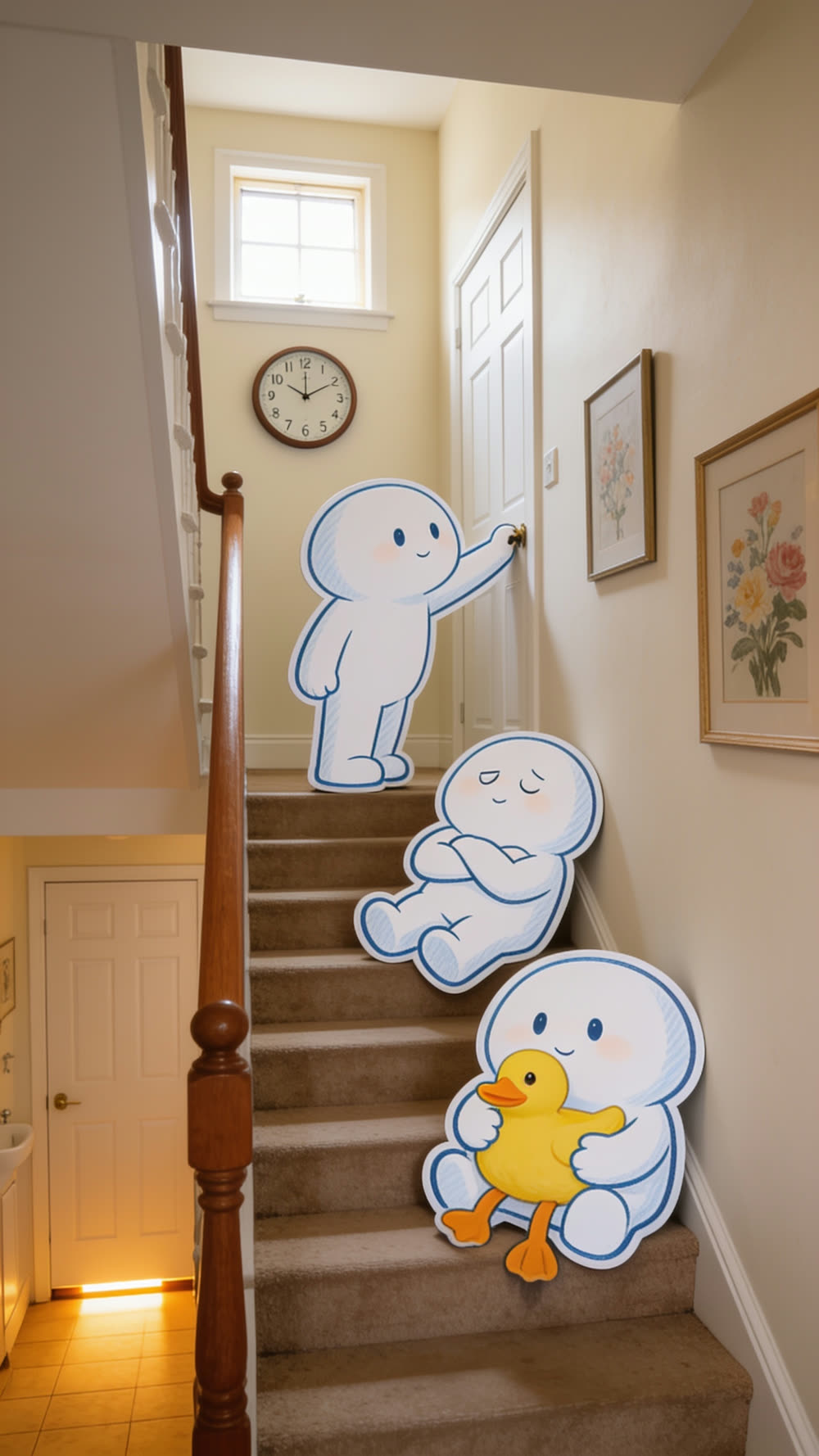 Three round Pundayschool mascot figures wait outside a bathroom door at the top of a staircase at seven forty-five in the morning: one knocks, one sits slumped with arms crossed on the stairs, and one holds a yellow rubber duck, a clock on the wall above them.