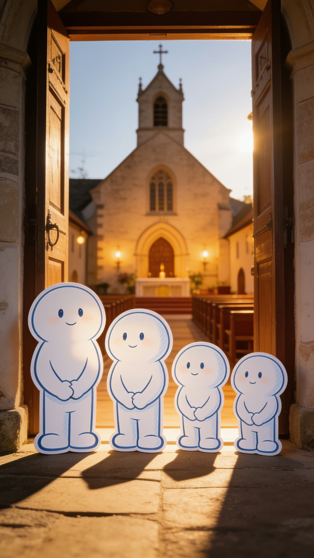 Four Pundayschool mascot figures of graduated heights, a family, stand composed and smiling in a sunlit church doorway with pews and an altar visible behind them.