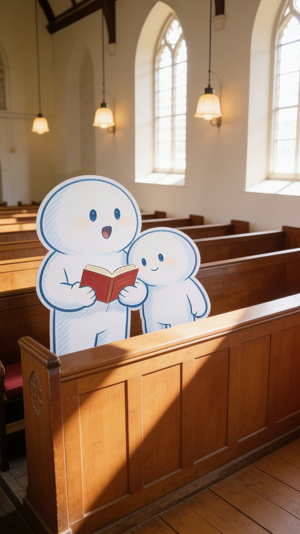 A tall Pundayschool mascot figure sings from an open red hymn book beside a smaller figure standing close beside it, inside a sunlit wooden church pew.