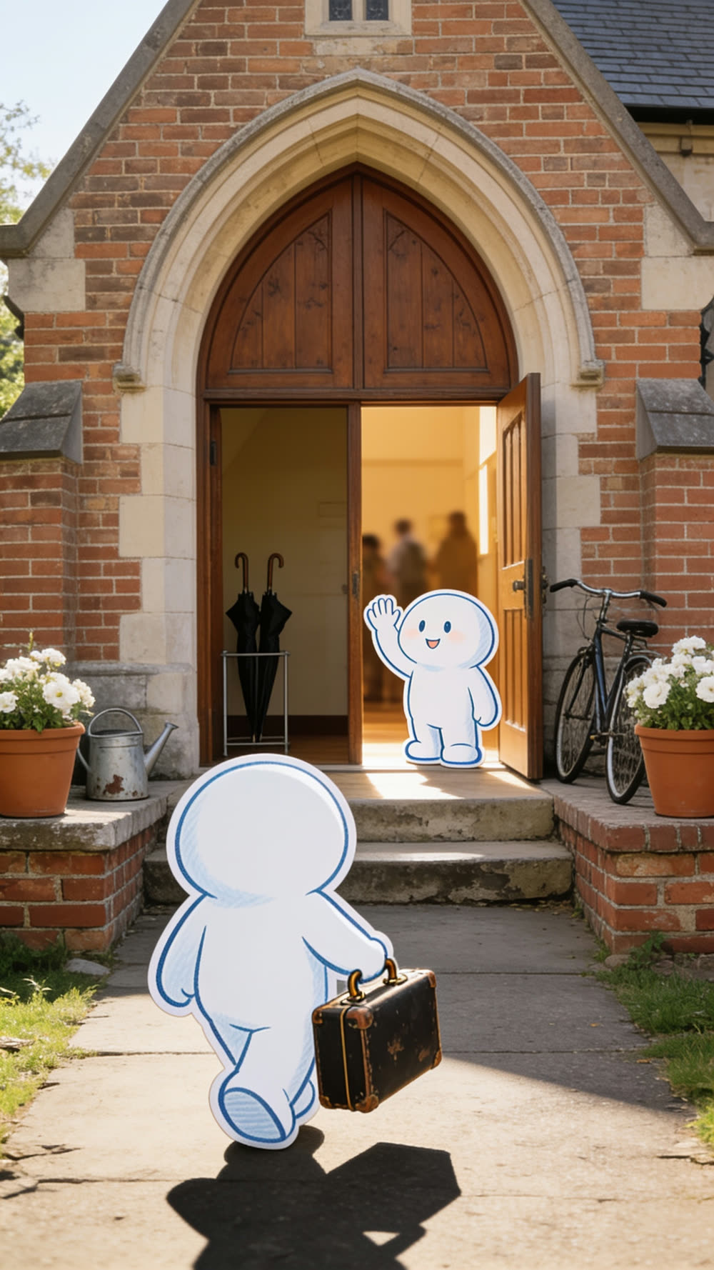 Pundayschool's round white mascot character walks up a church path toward an open door, carrying a single small suitcase, a bright practiced smile on its face.