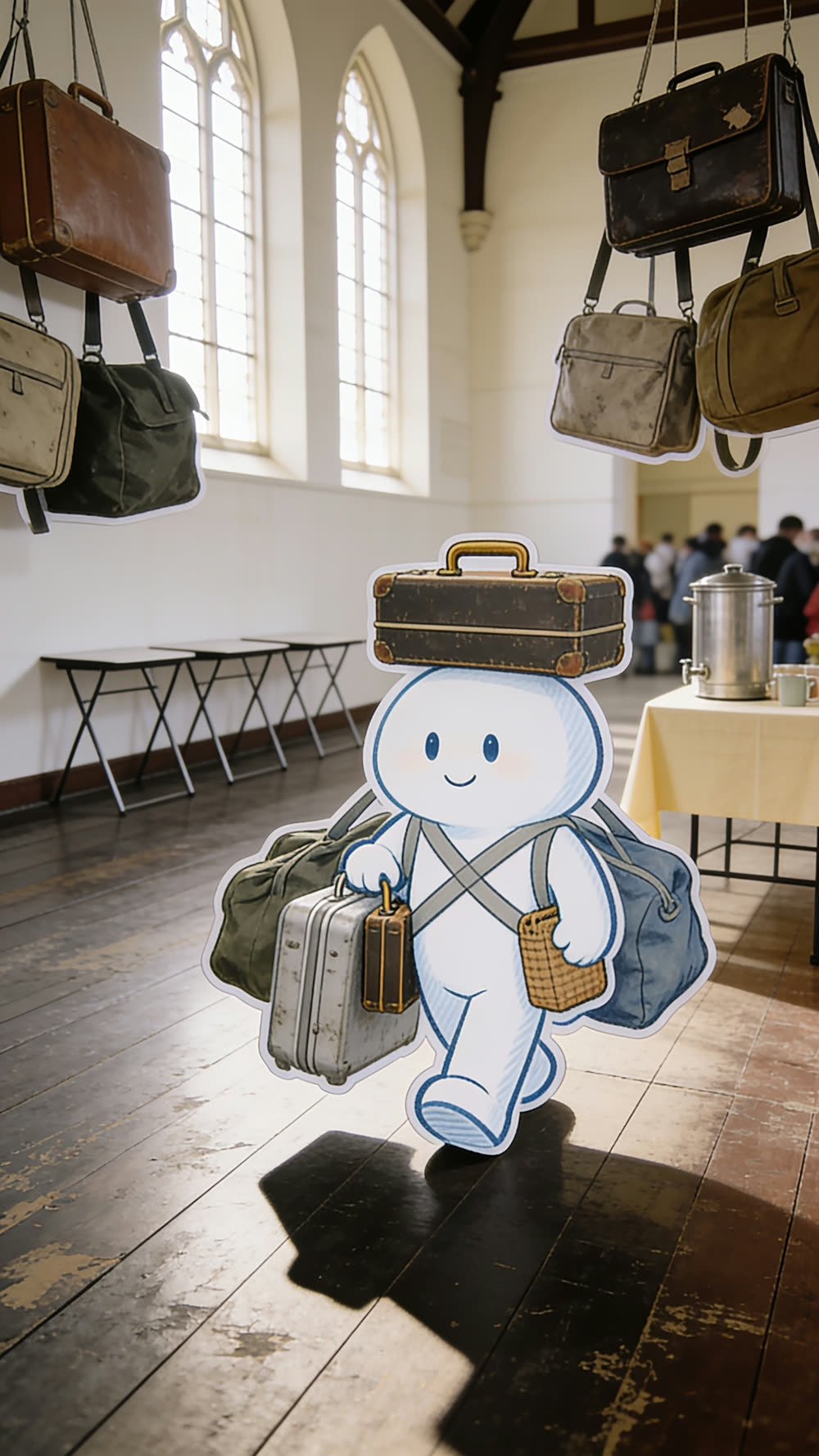 The mascot character crossing a church hall doorway, visibly loaded down with a tower of suitcases and bags stacked and strapped to its body, still upright and smiling.